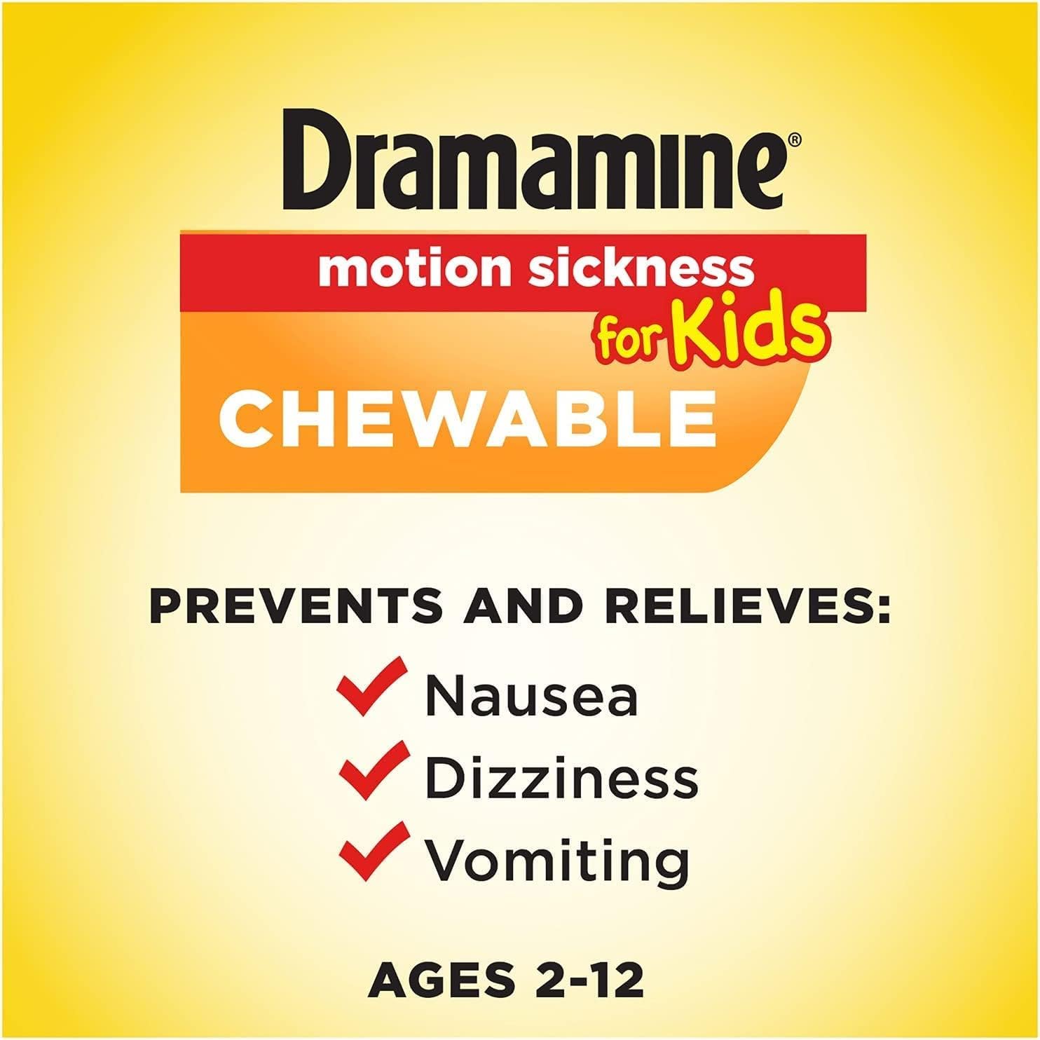 Dramamine Motion Sickness Relief for Kids — Grape Chewables, 8 Count (Pack of 2)