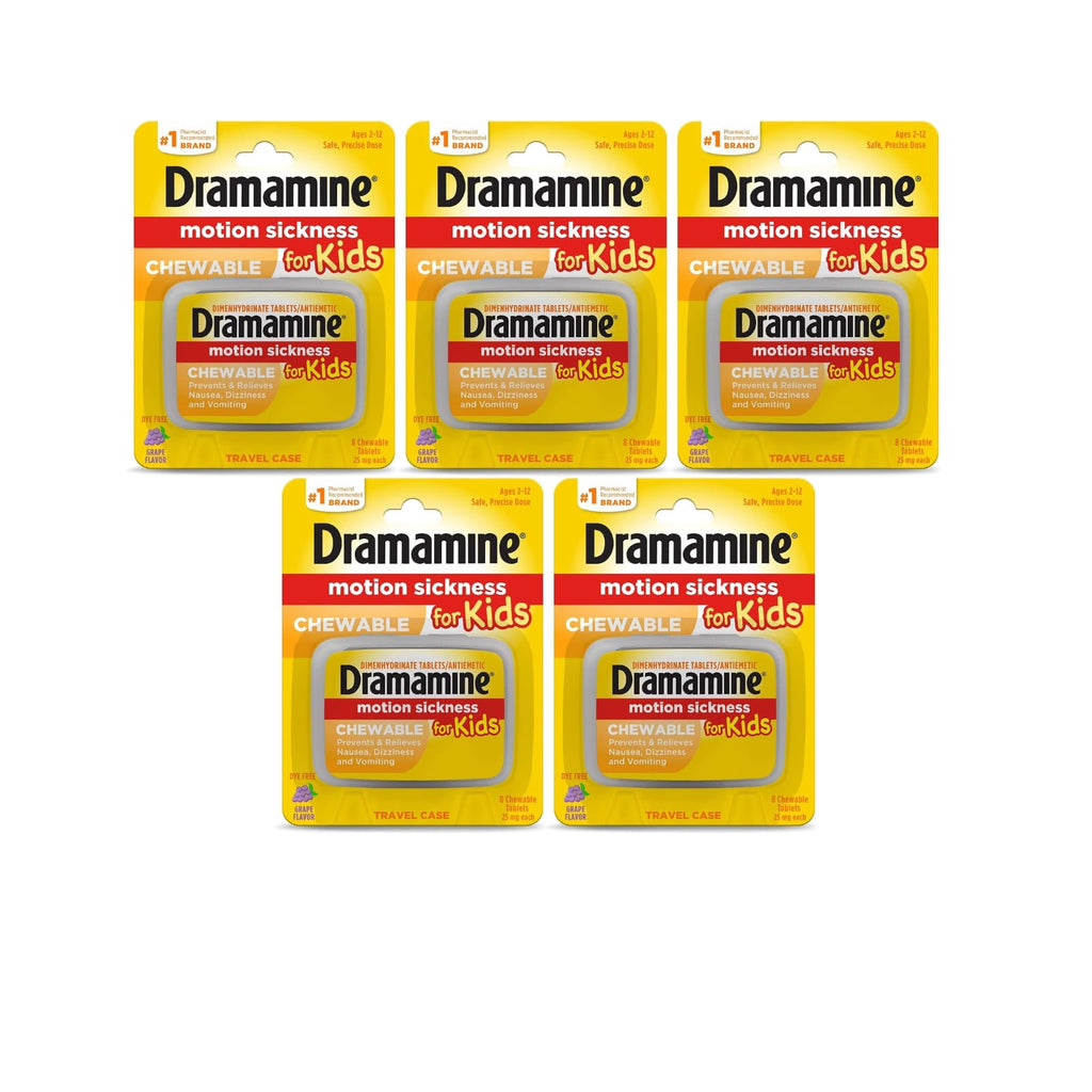Dramamine for Kids Chewables – Grape Flavor, 5-Pack (8 Tablets Each)