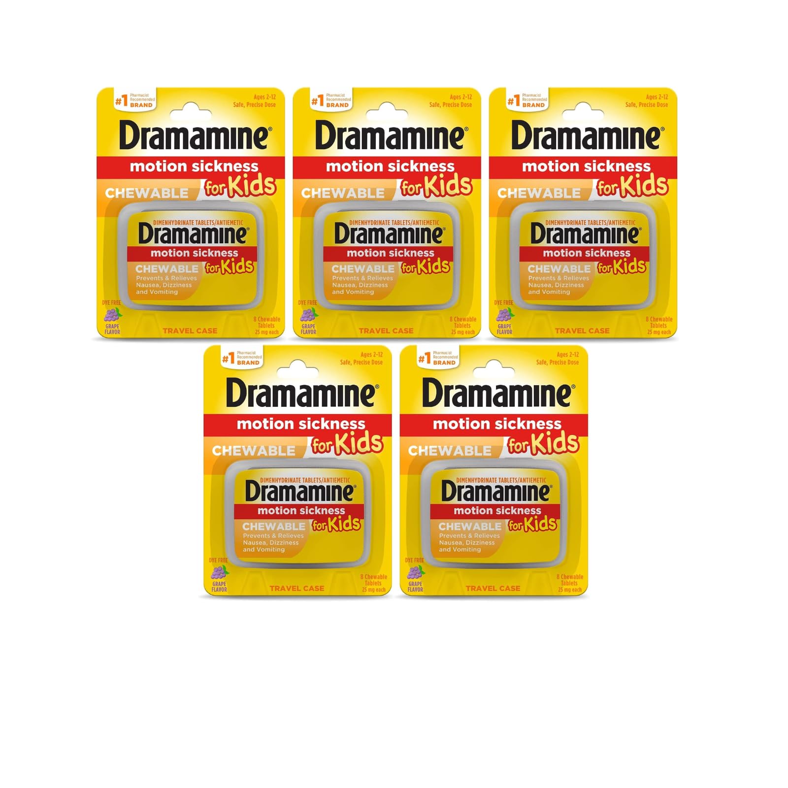 Dramamine for Kids Chewables – Grape Flavor, 5-Pack (8 Tablets Each)