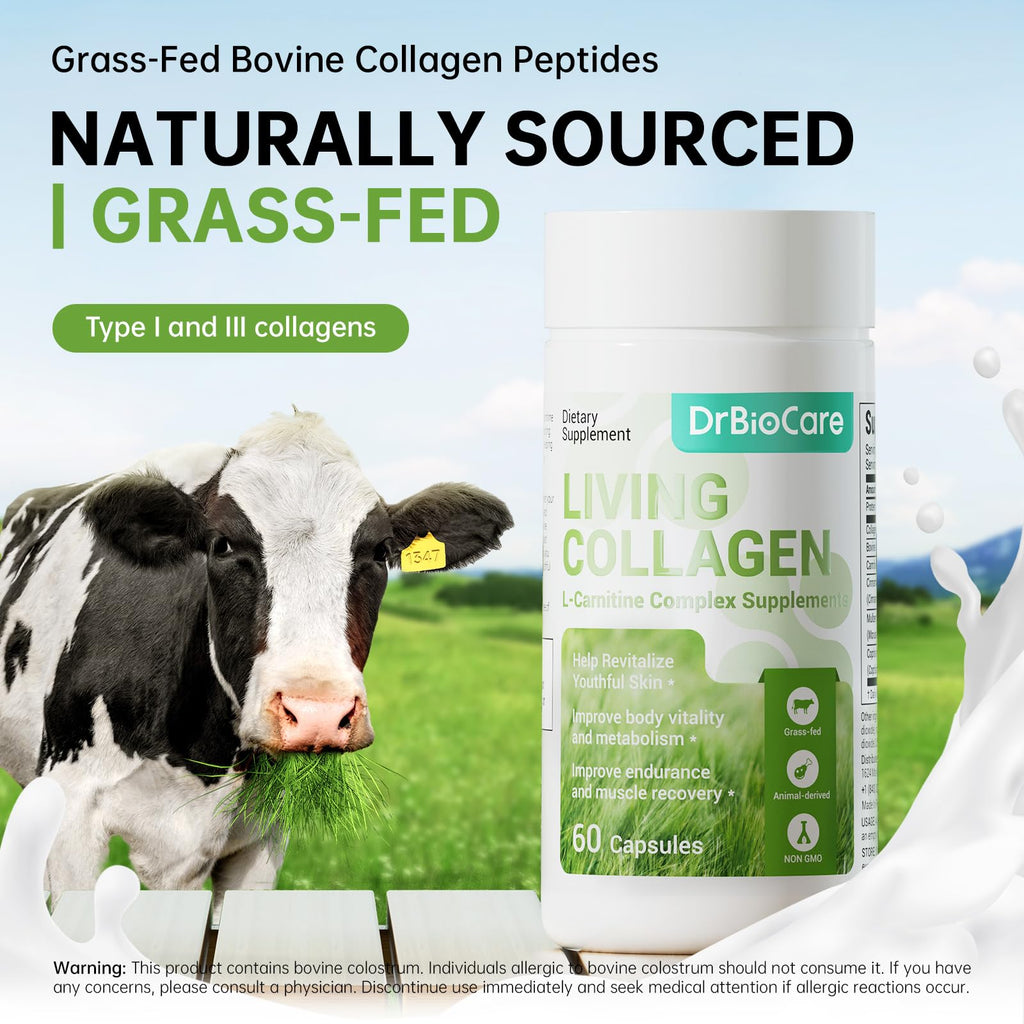 DrBioCare Living Collagen L-Carnitine Complex – Grass-Fed Collagen, Colostrum, 60 Caps