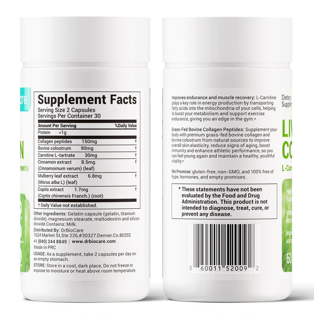 DrBioCare Living Collagen L-Carnitine Complex – Grass-Fed Collagen, Colostrum, 60 Caps
