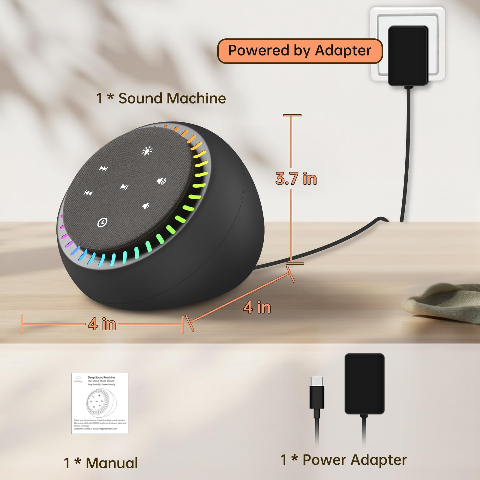 DreamSky Sound Machine for Sleep and Focus | 26 Sounds, RGB Night Light, USB-C