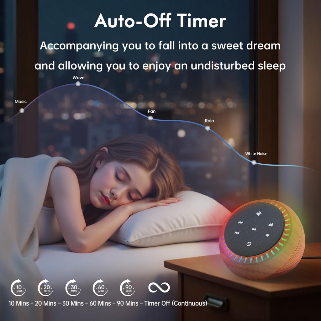 DreamSky Sound Machine for Sleep & Focus — 26 Sounds, RGB Night Light, Wood Grain