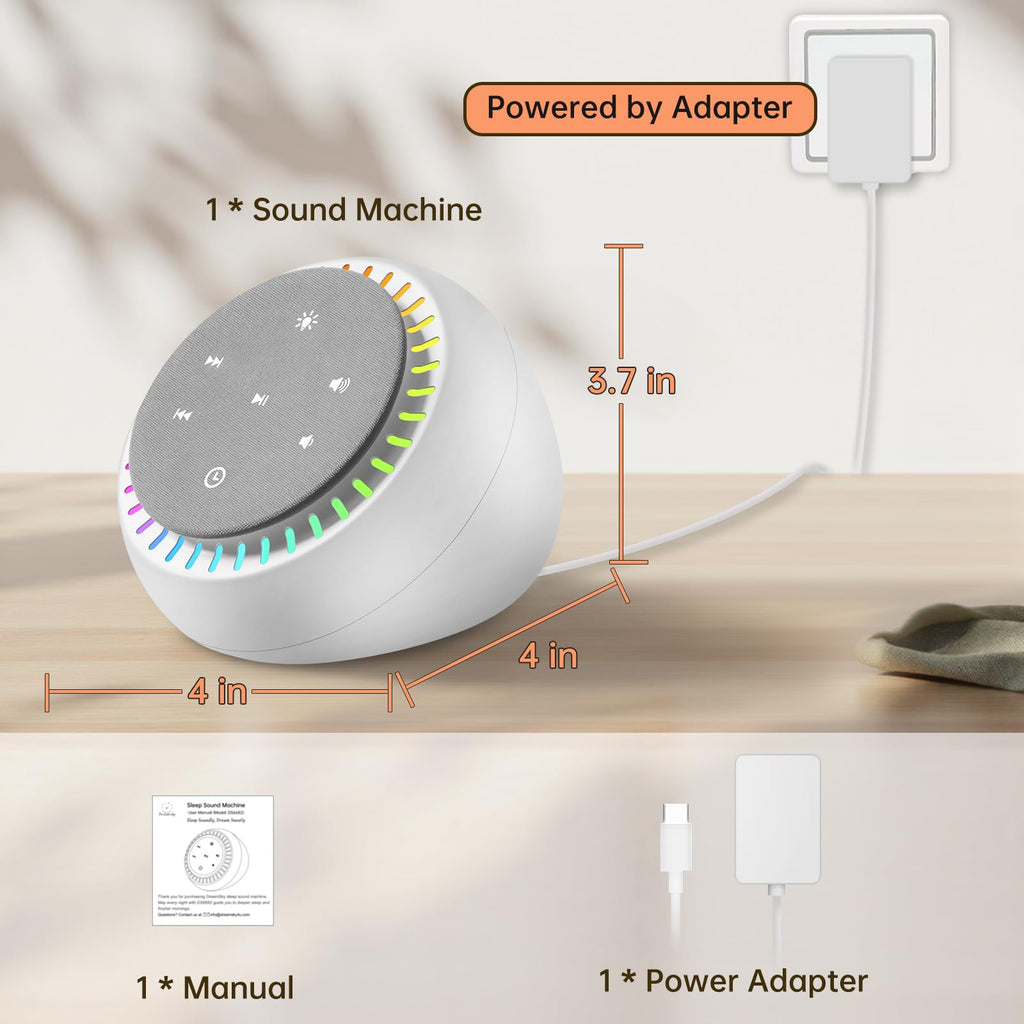 DreamSky Sound Machine for Sleep – 26 Sounds, RGB Night Light, 30 Volume Levels, USB-C Powered