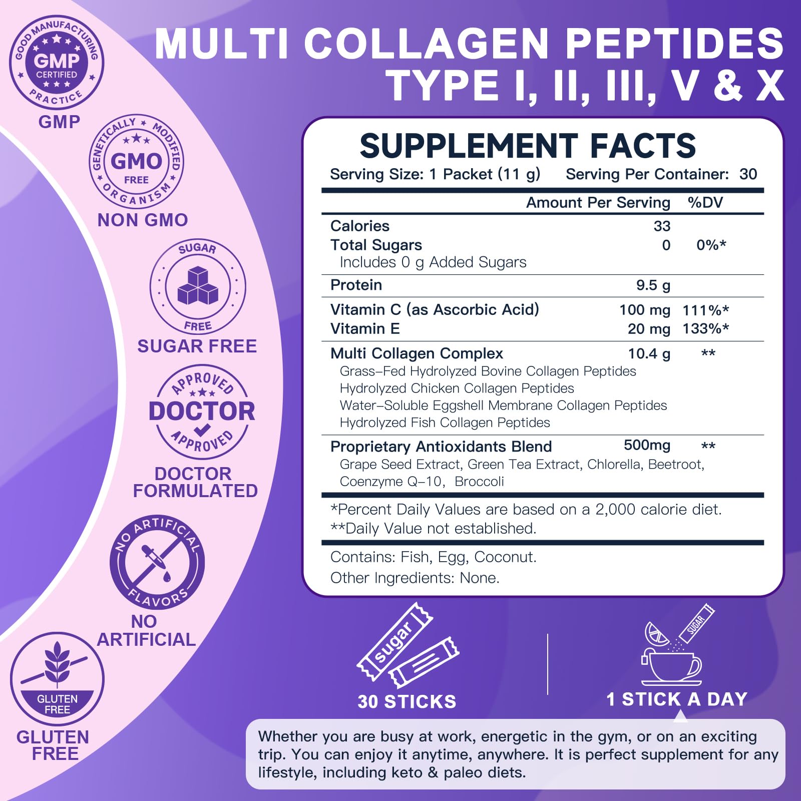 DRFOSTER Collagen Peptides Powder Sticks – Multi-Type I II III V X Collagen + Antioxidant Blend, Vitamin C & E | Non-GMO | 30 Pack