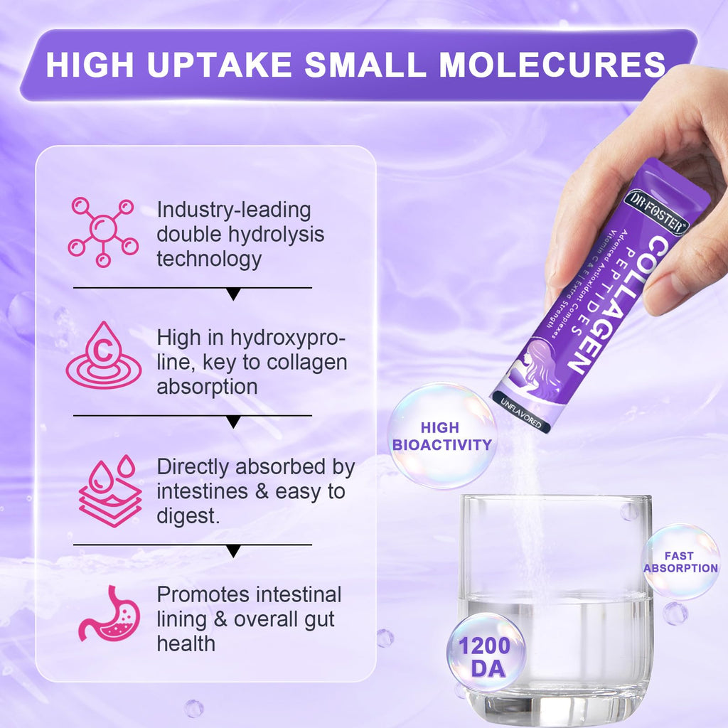 DRFOSTER Collagen Peptides Powder Sticks – Multi-Type I II III V X Collagen + Antioxidant Blend, Vitamin C & E | Non-GMO | 30 Pack