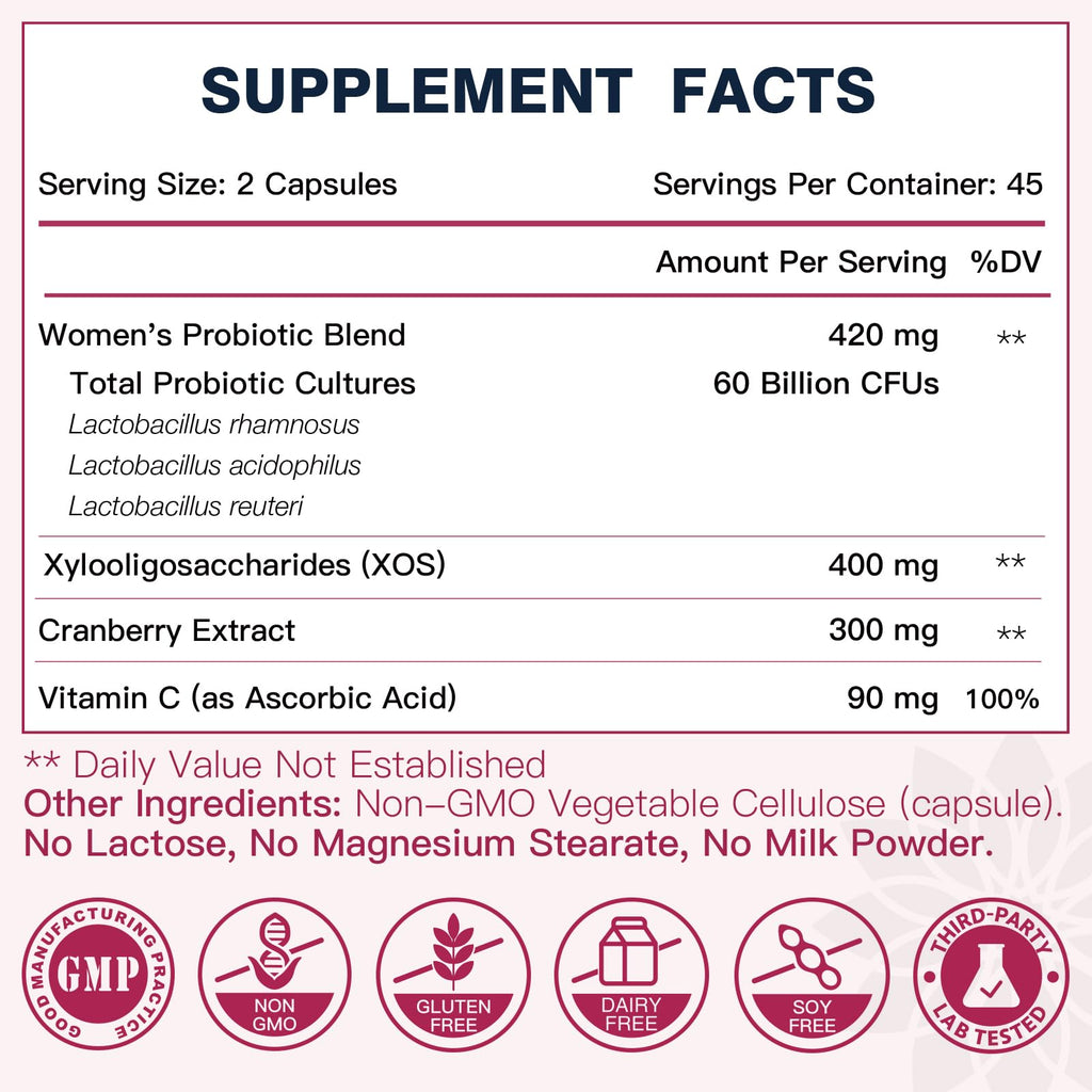 DRFOSTER Vaginal Probiotics for Women – 60B Probiotics, Prebiotic XOS & Cranberry, 90 Vegan Capsules