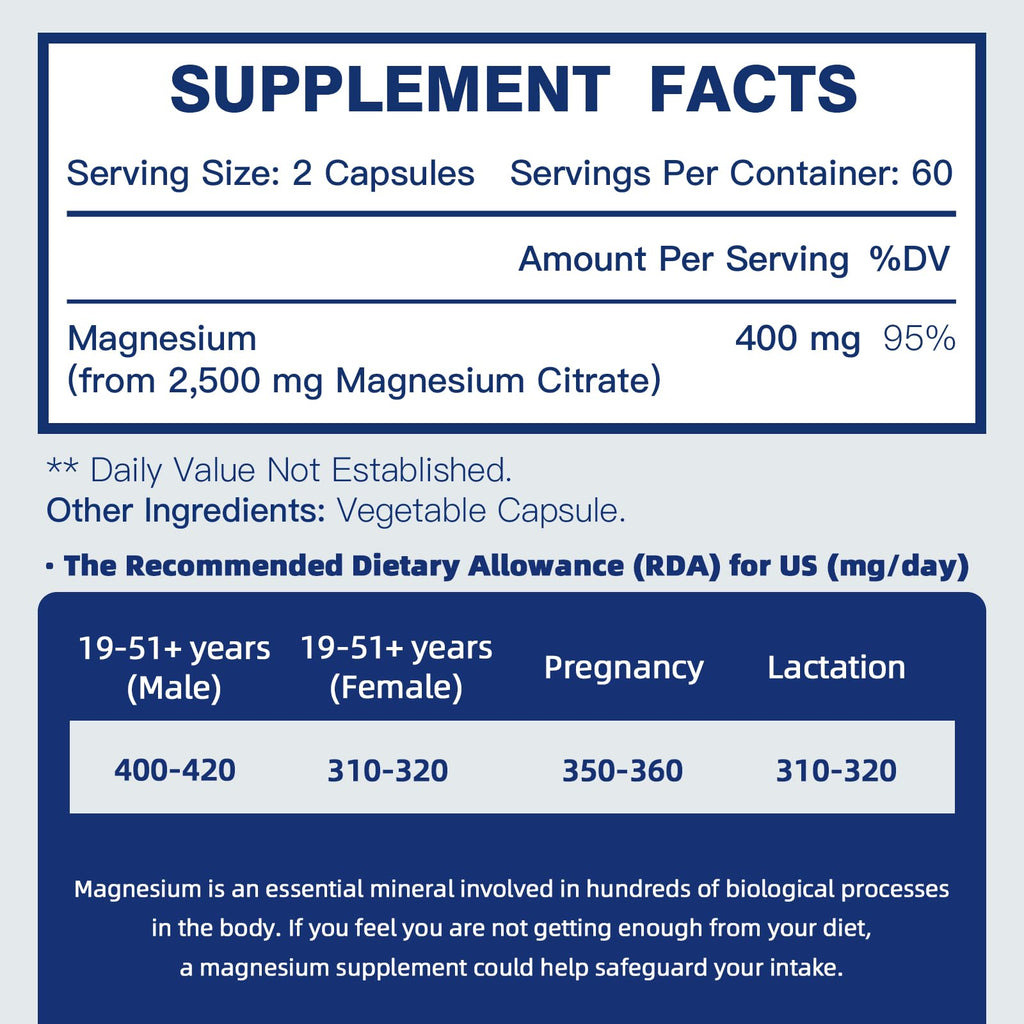 DRFOSTER Magnesium Citrate Capsules 400 mg – High-Absorption, 120 Vegan Capsules (2-Month Supply)