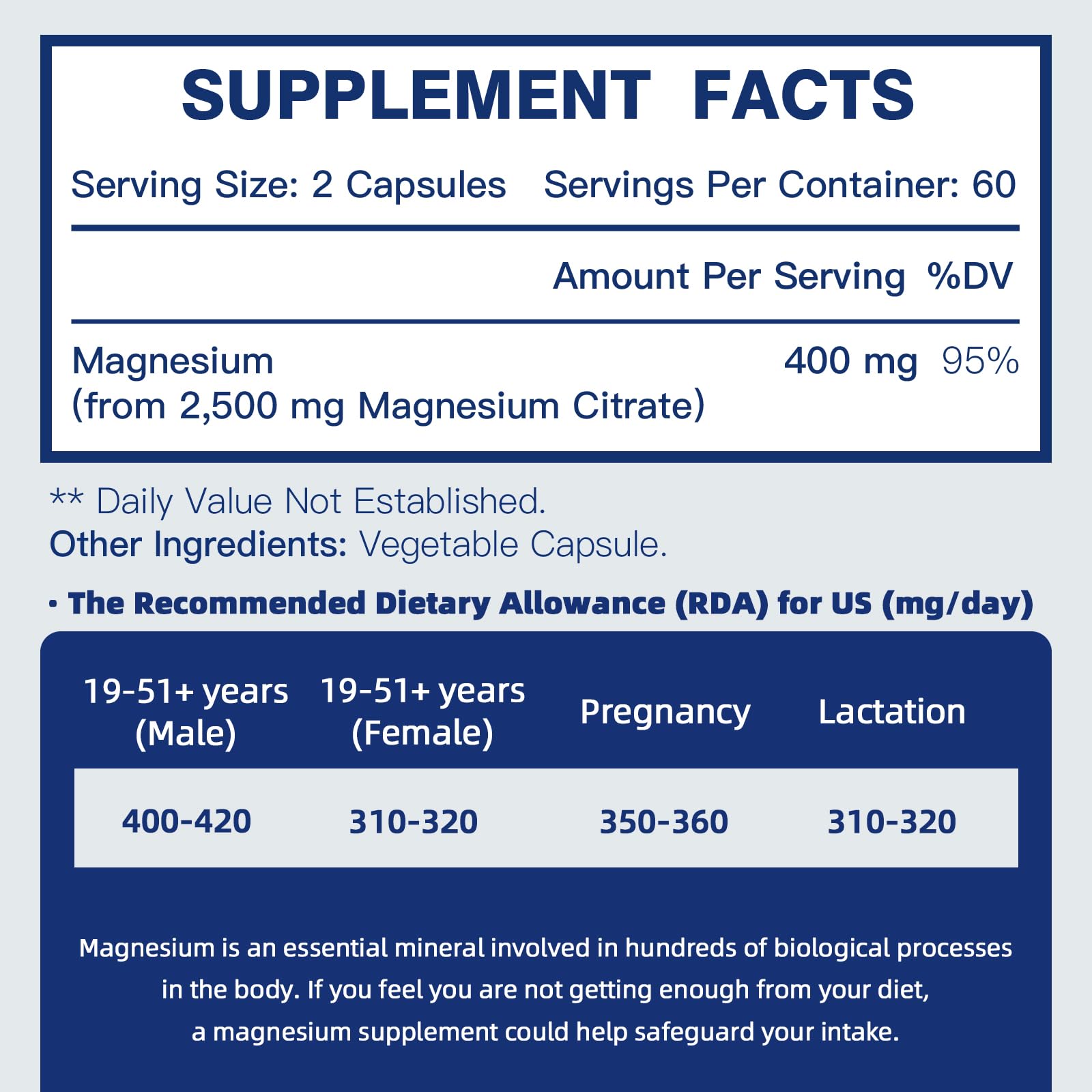 DRFOSTER Magnesium Citrate Capsules 400 mg – High-Absorption, 120 Vegan Capsules (2-Month Supply)
