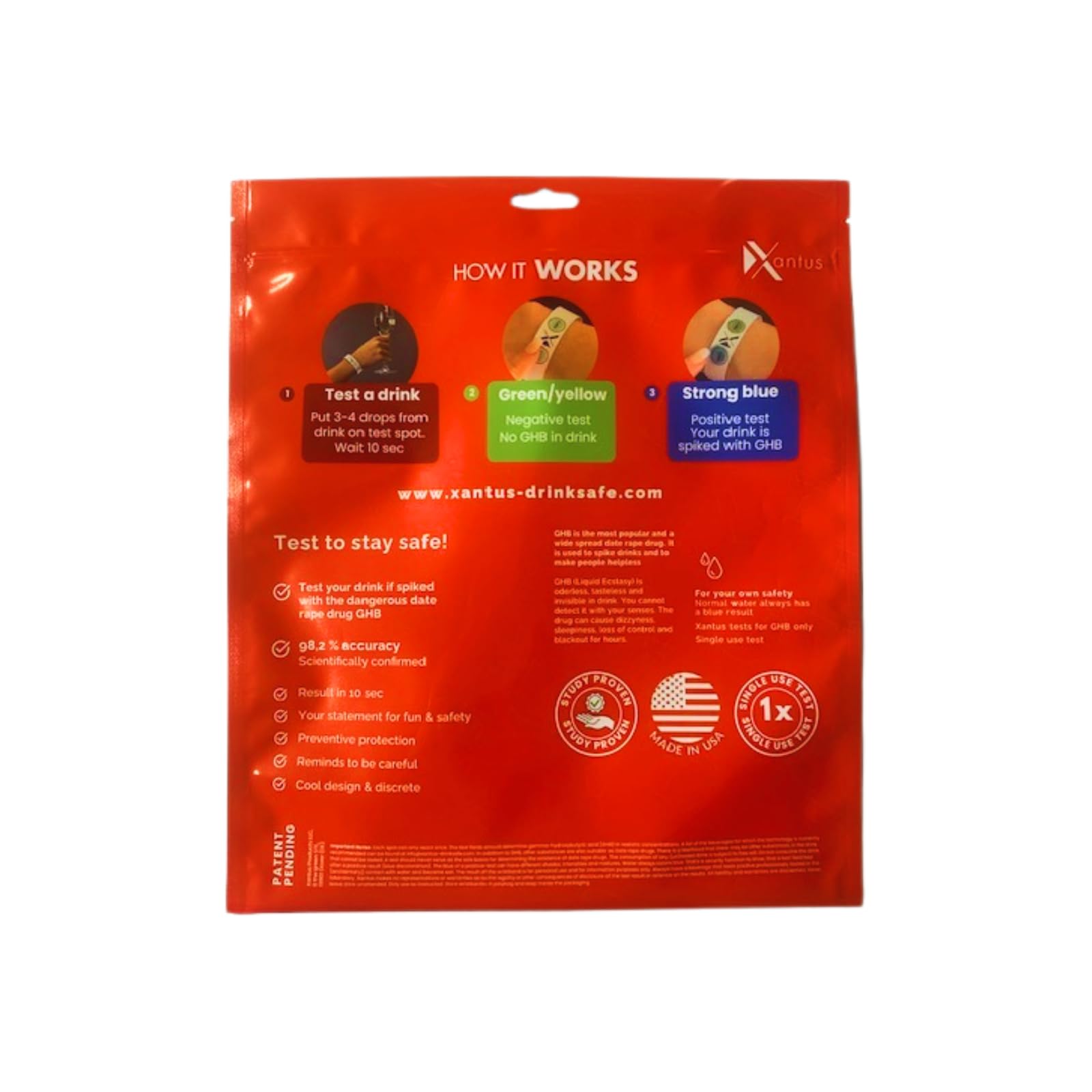 Drink Check Wristband by Xantus – GHB Test in 10 Seconds | USA Made | 100 Black Wristbands (400 Tests)