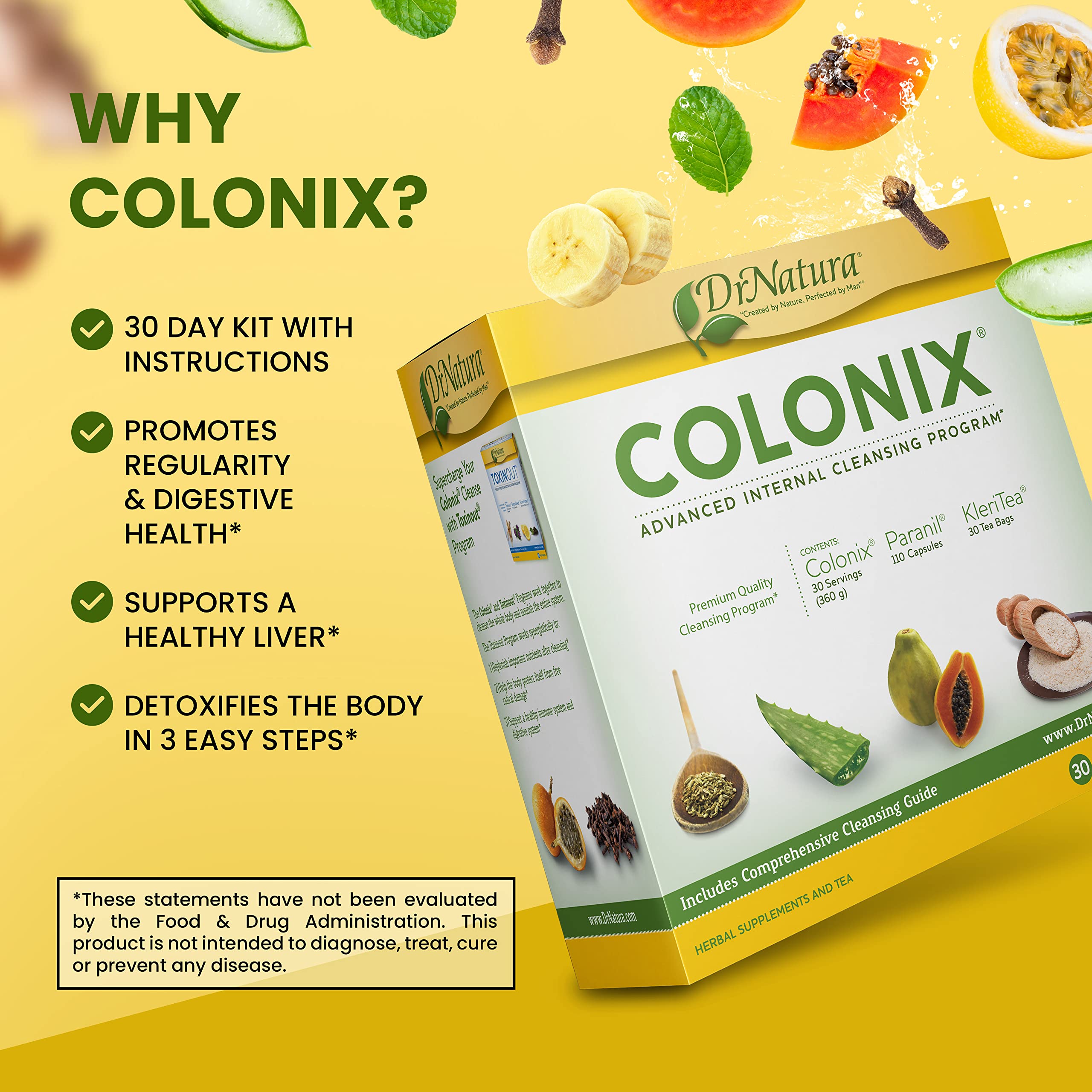 DrNatura Colonix 3-Part Colon Cleanse Kit — 30-Day Digestive Support with Psyllium Husk, Herbal Capsules & Tea