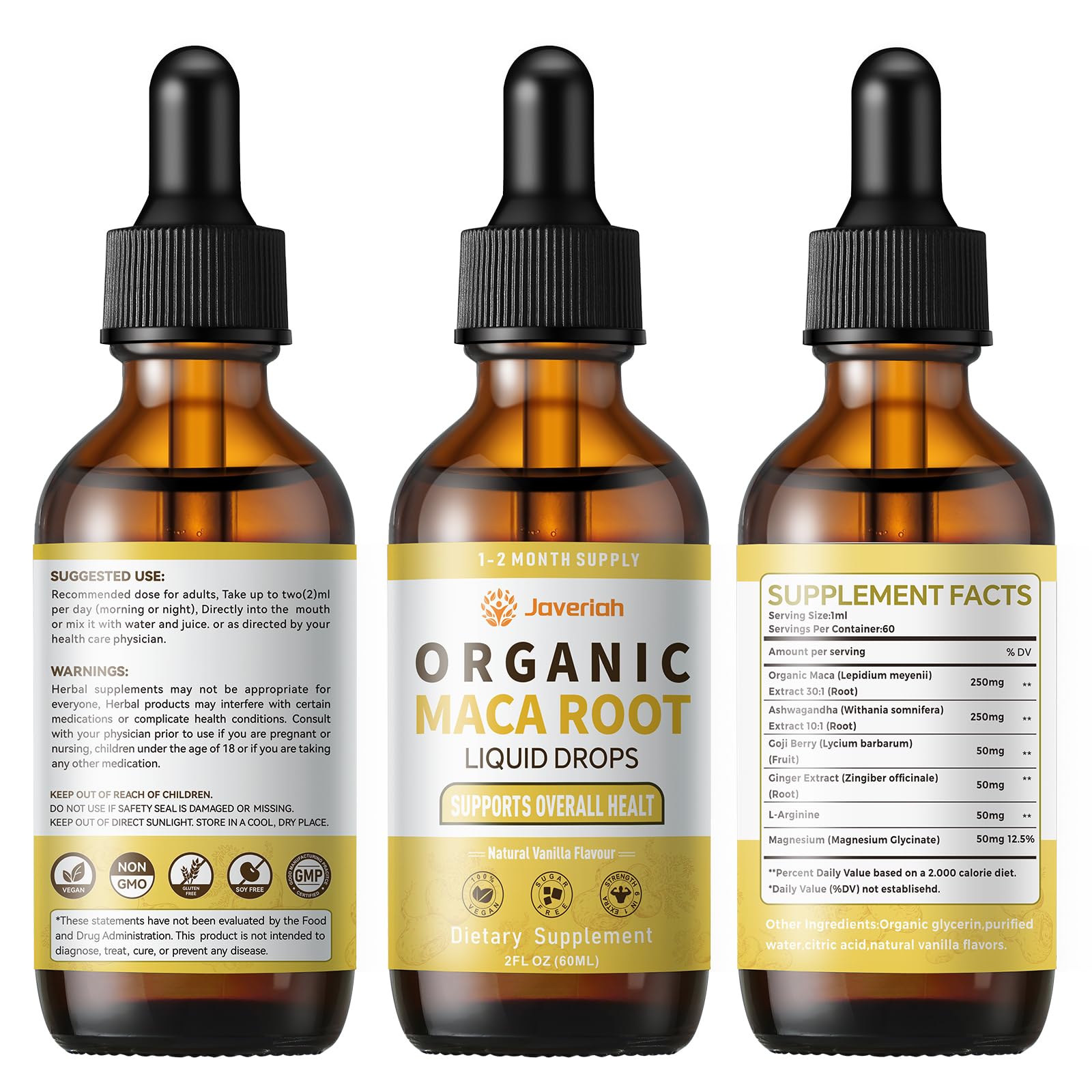 Javeriah Organic Maca Root Liquid Drops with Ashwagandha, Goji Berry, Ginger, Magnesium & L-Arginine — 4 Oz 2 Pack