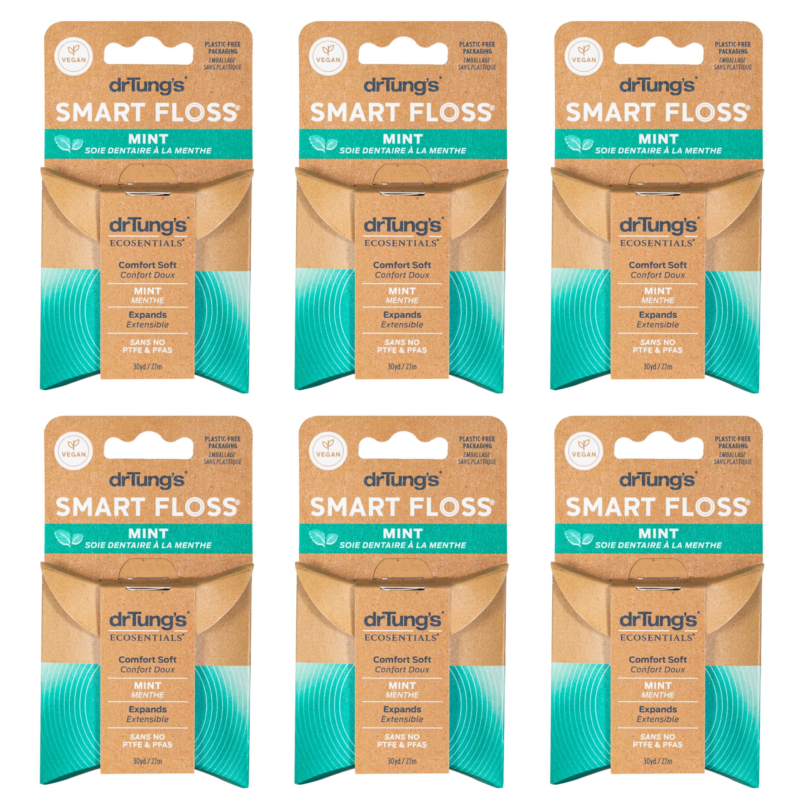 drTung's Smart Floss Mint - Expanding Dental Floss for Gums, PTFE & PFAS Free, Organic Mint, Pack of 6