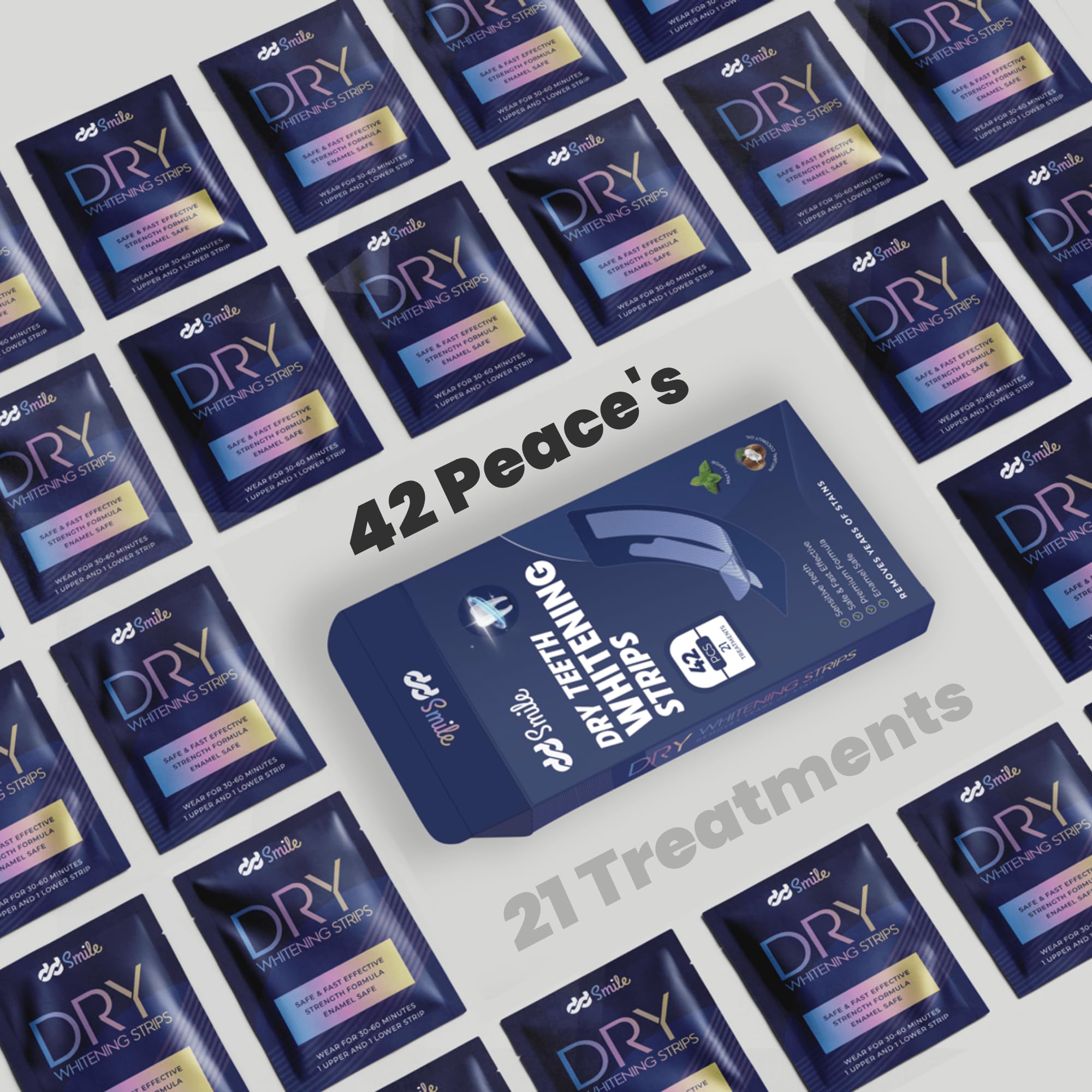 Dry Teeth Whitening Strips - 42 Strips (21 Treatments) - Sensitive Teeth Whitening Strips - Peroxide-Free - Enamel Safe - Mint Flavor - Non-Slip - Mess-Free - Sensitivity Free
