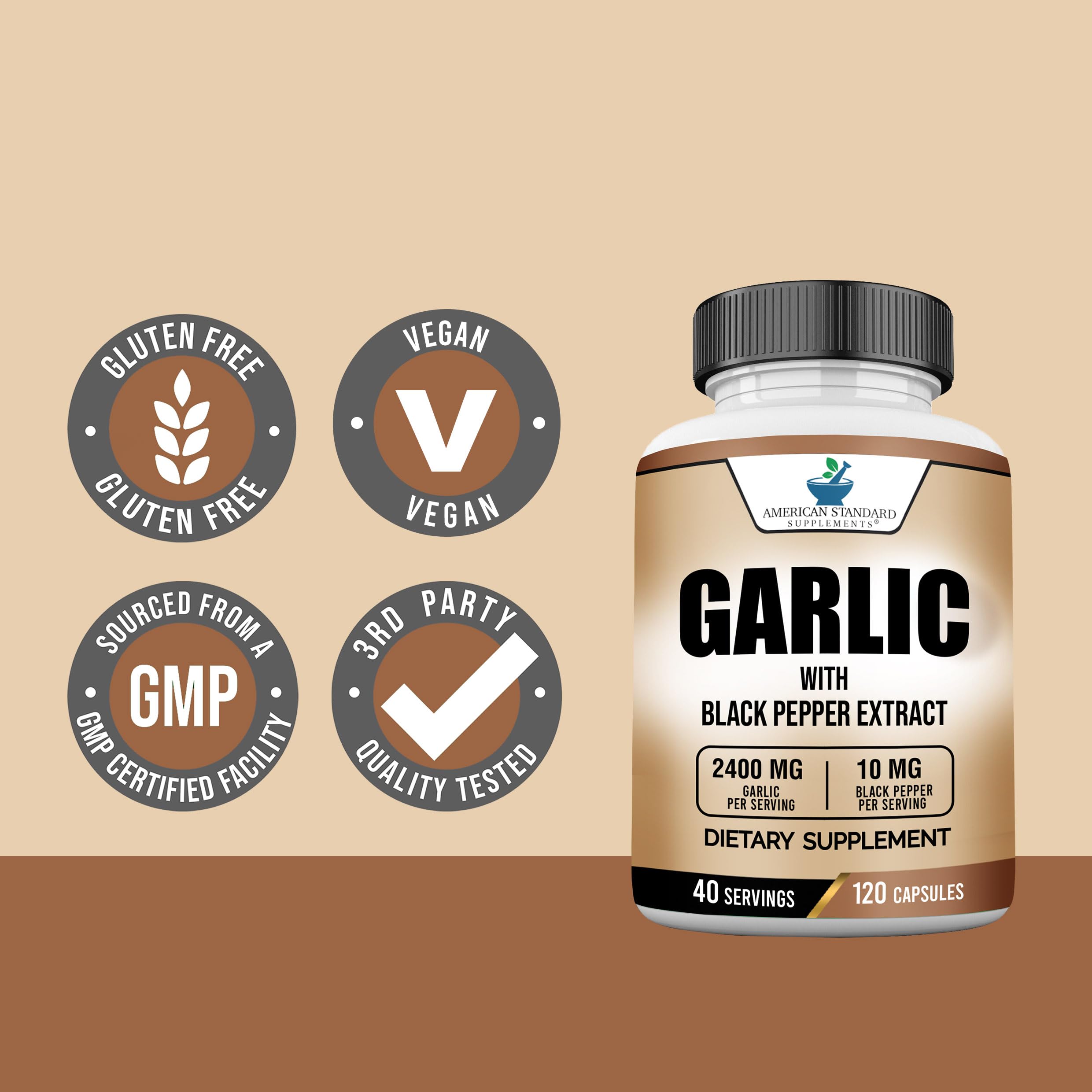American Standard Garlic 2400mg per Serving with Black Pepper – 120 Capsules (Pack of 2) | Vegan, Gluten Free