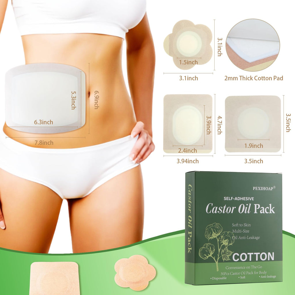 30Pcs Adhesive Castor Oil Pack Wrap – Organic Cotton Patch for Waist, Back, Neck, Arm, Belly | Leak-Proof