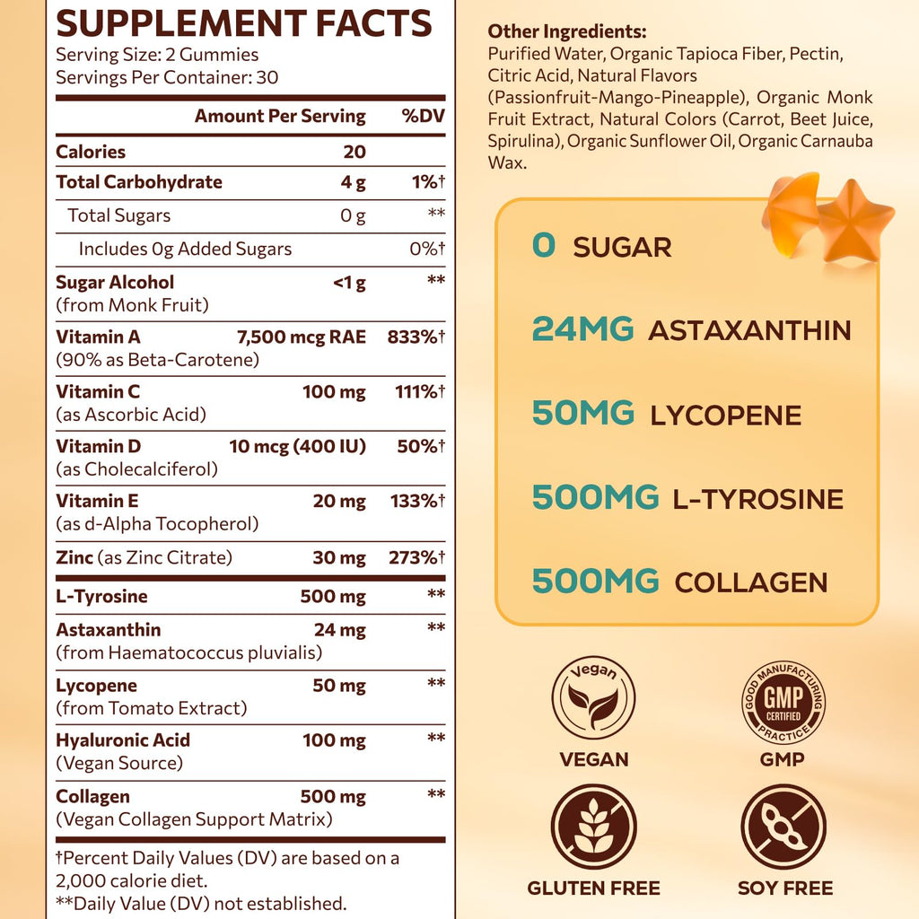 Tanning Gummies with Astaxanthin – Sunless Tanning Supplement for Women & Men | Vegan & Sugar Free | 60 Count