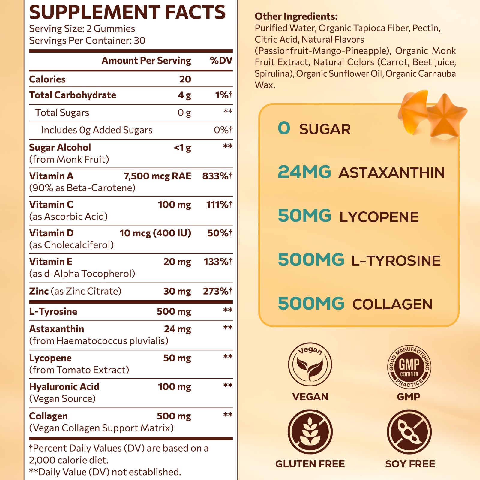 Tanning Gummies with Astaxanthin – Sunless Tanning Supplement for Women & Men | Vegan & Sugar Free | 60 Count