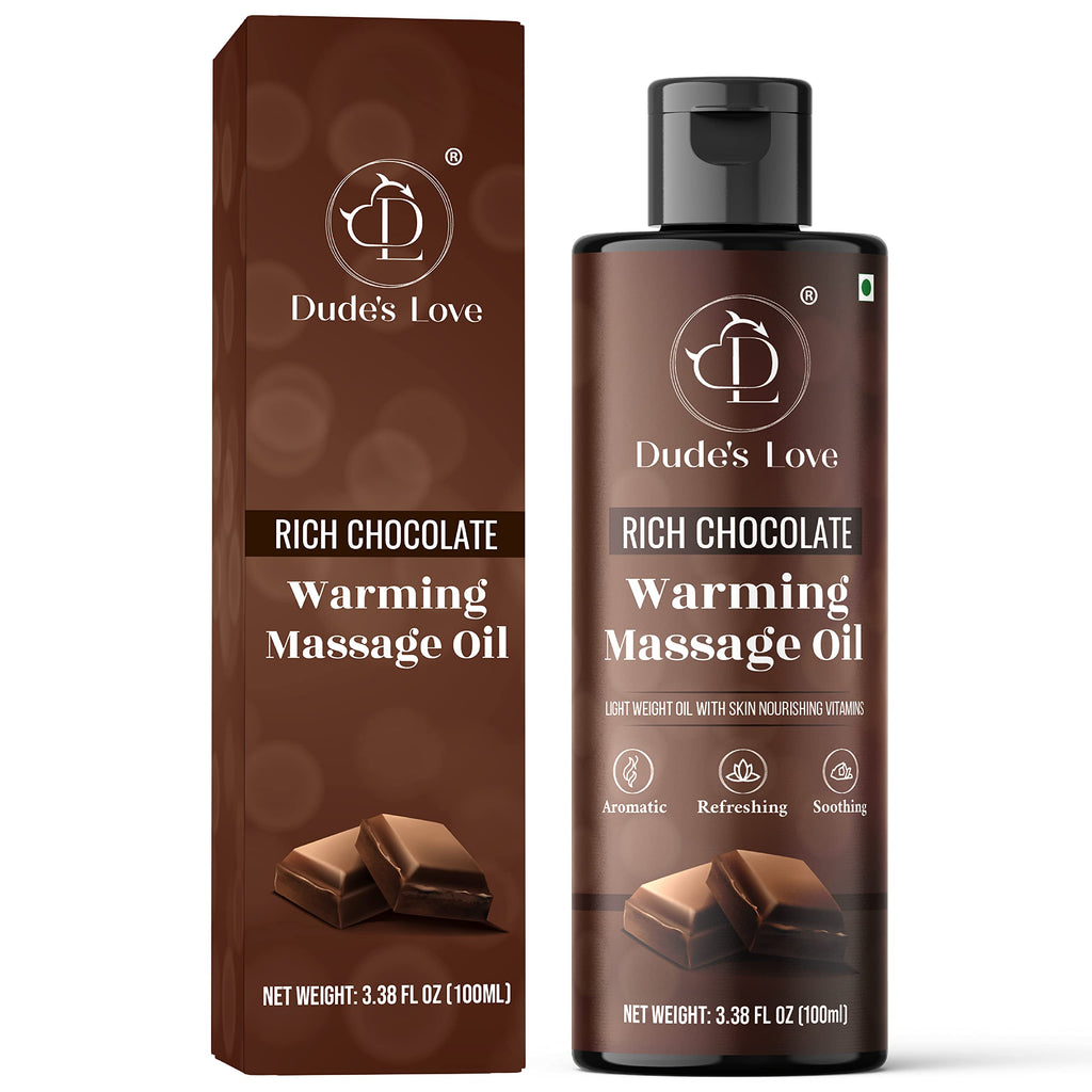 Dude's Love Organic Chocolate Warming Massage Oil – Non-Stain, Non-Sticky | 3.38 Fl Oz