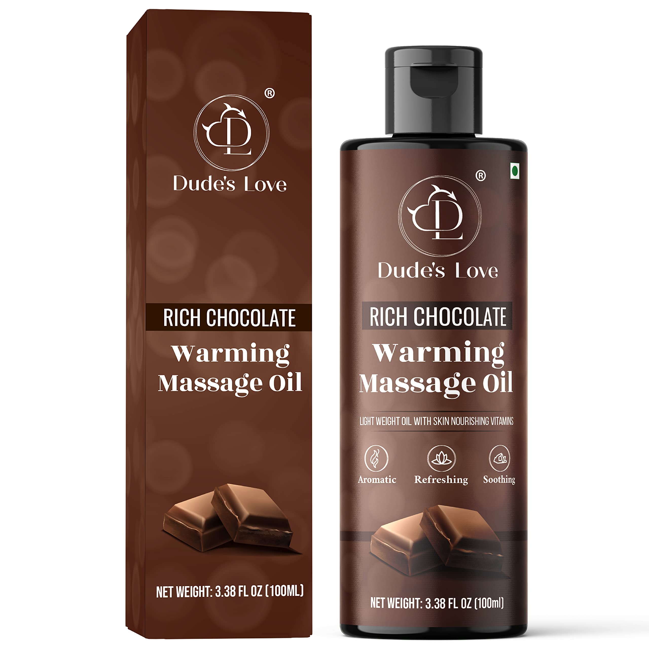 Dude's Love Organic Chocolate Warming Massage Oil – Non-Stain, Non-Sticky | 3.38 Fl Oz