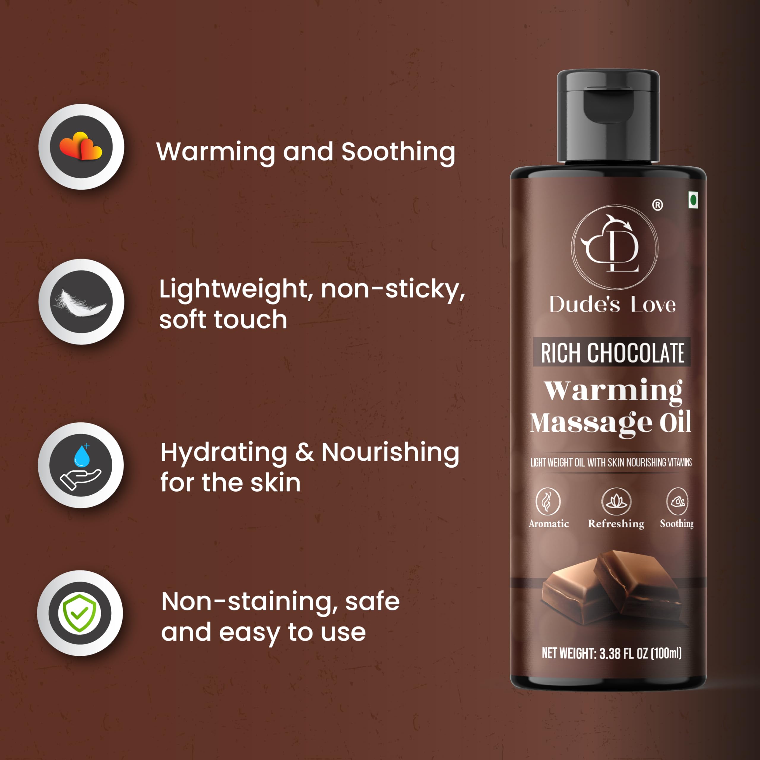 Dude's Love Organic Chocolate Warming Massage Oil – Non-Stain, Non-Sticky | 3.38 Fl Oz