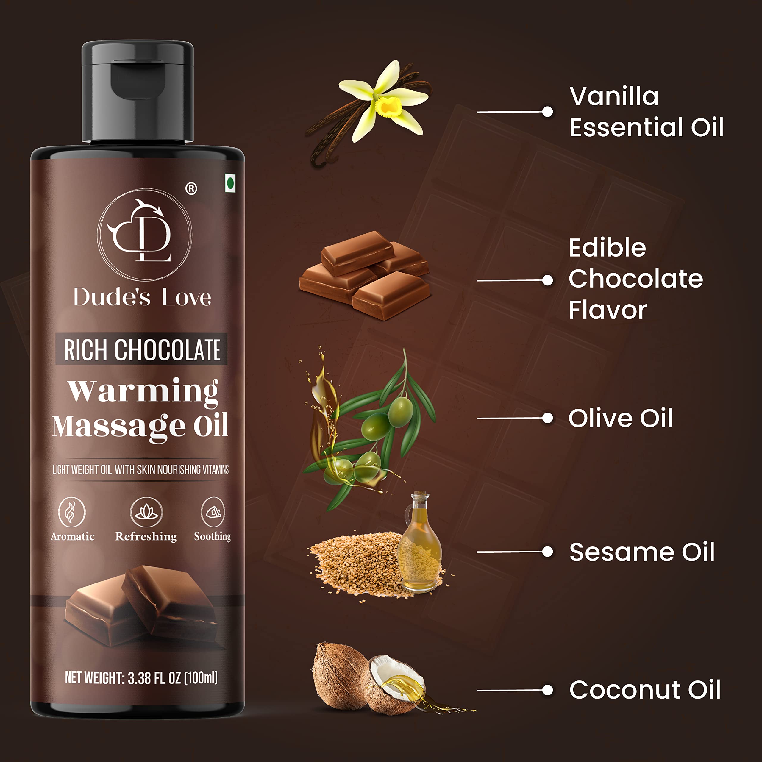 Dude's Love Organic Chocolate Warming Massage Oil – Non-Stain, Non-Sticky | 3.38 Fl Oz