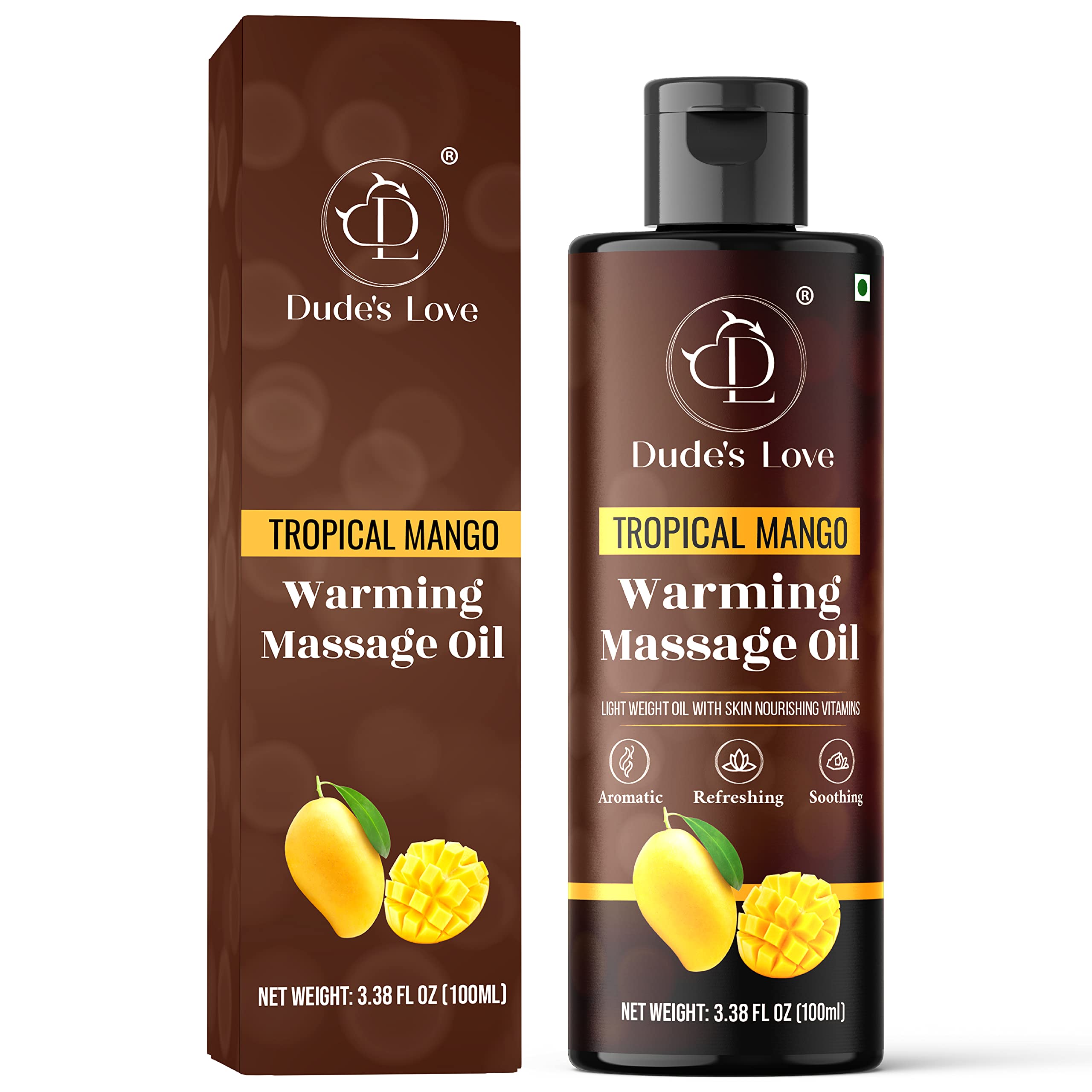 Dude's Love Organic Warming Massage Oil – Tropical Mango (3.38 fl oz) | No Stain, Non-Sticky