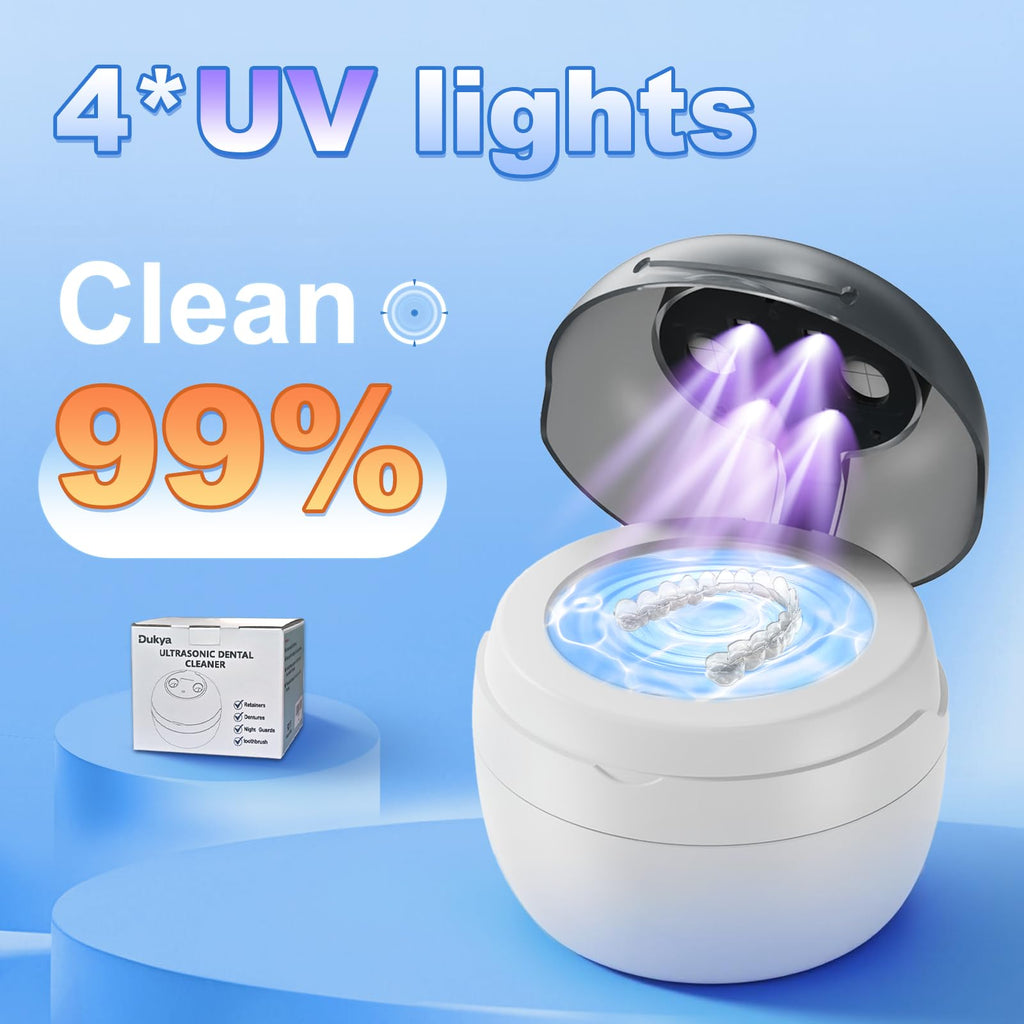 Dukya 2025 Ultrasonic Retainer Cleaner – 4 UV Lights, 45kHz Deep Clean for Dentures, Mouth Guards, Braces, and Toothbrush Heads