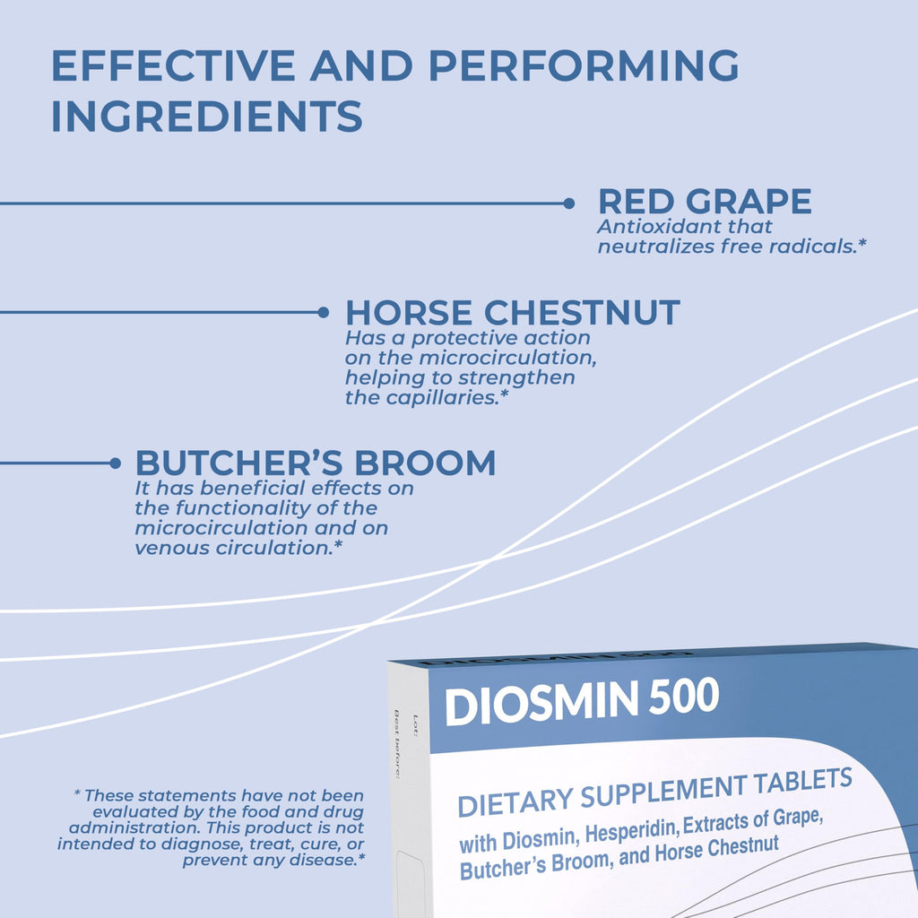 Dulàc Diosmin 500 with Horse Chestnut, Butcher’s Broom, Red Grape & Hesperidin | 80 Tablets | Made in Italy