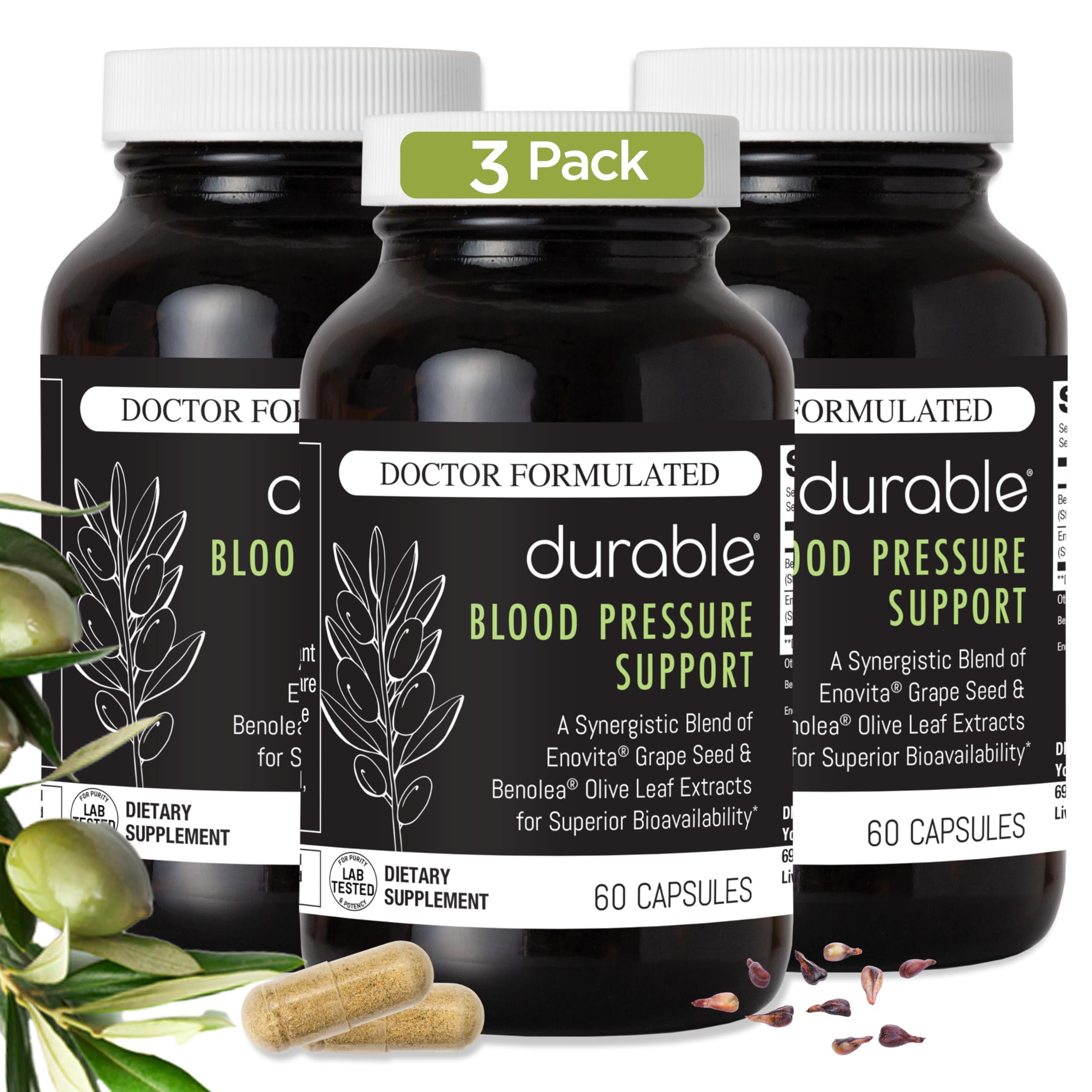 Durable Blood Pressure - Benolea Olive Leaf & Enovita Grape Seed Extract - Doctor Formulated, Vegan, Non-GMO, Made in USA (180 Capsules)