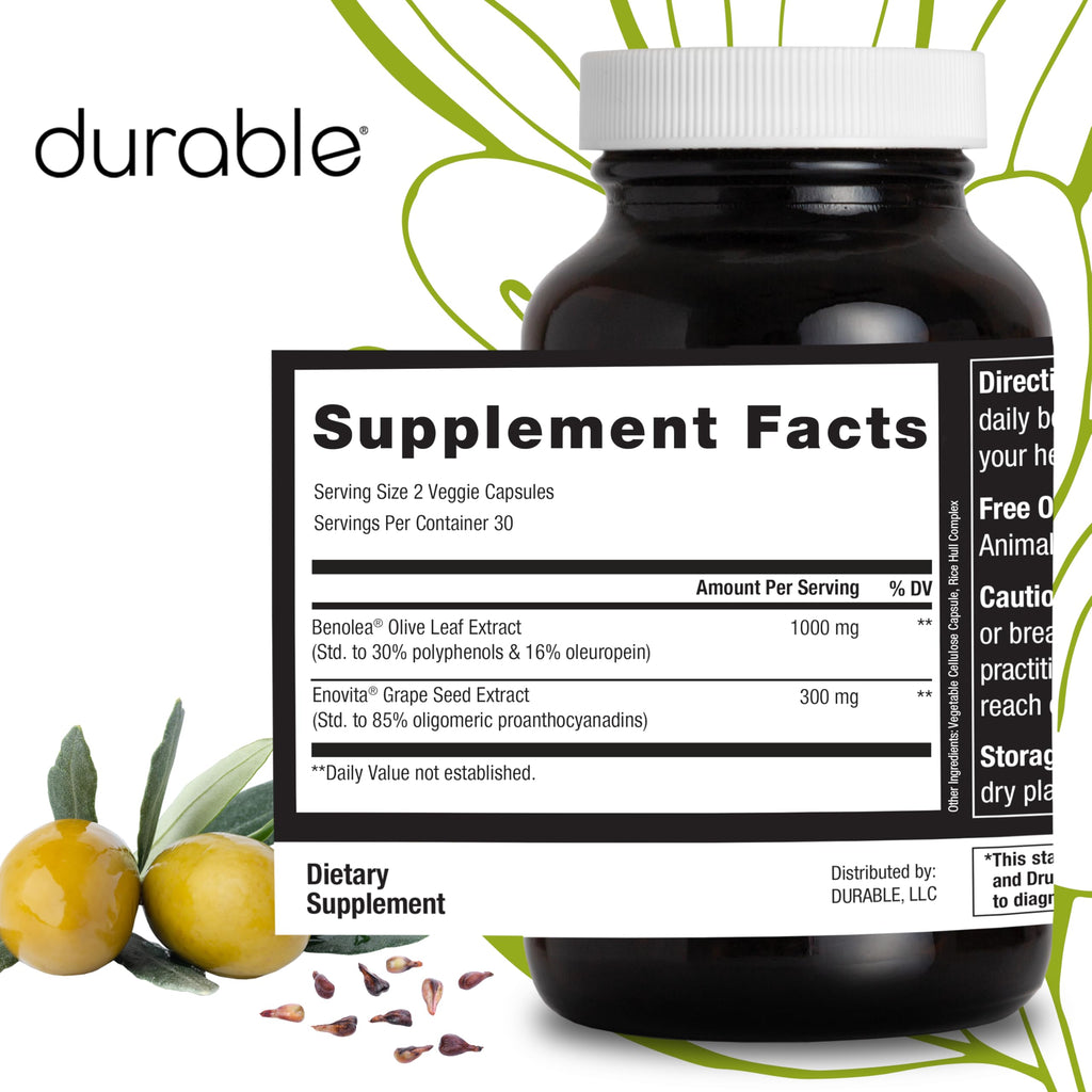 Durable Blood Pressure - Benolea Olive Leaf & Enovita Grape Seed Extract - Doctor Formulated, Vegan, Non-GMO, Made in USA (180 Capsules)
