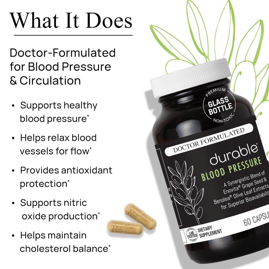 Durable Blood Pressure - Benolea Olive Leaf & Enovita Grape Seed Extract - Doctor Formulated, Vegan, Non-GMO, Made in USA (180 Capsules)