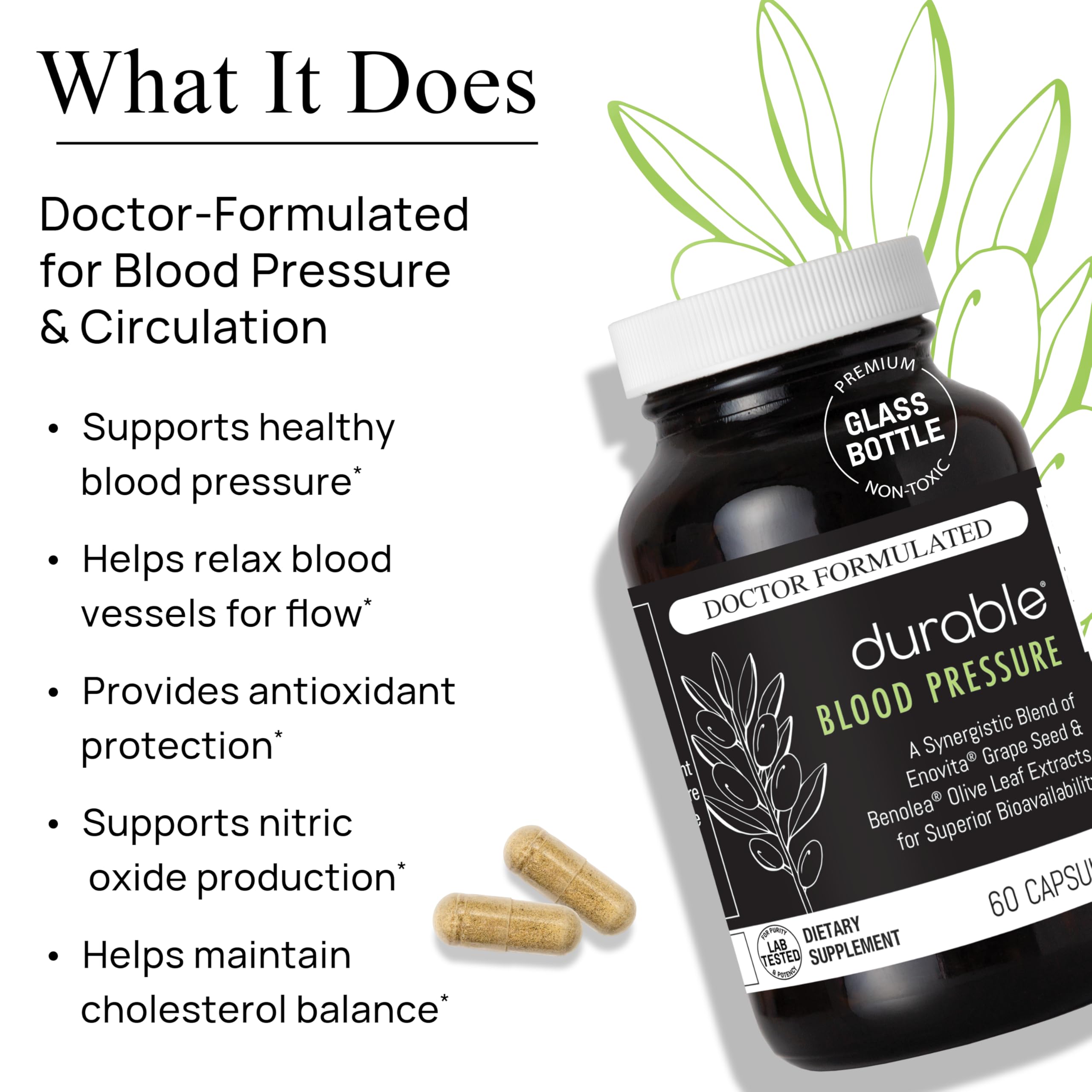 Durable Blood Pressure - Benolea Olive Leaf & Enovita Grape Seed Extract - Doctor Formulated, Vegan, Non-GMO, Made in USA (180 Capsules)