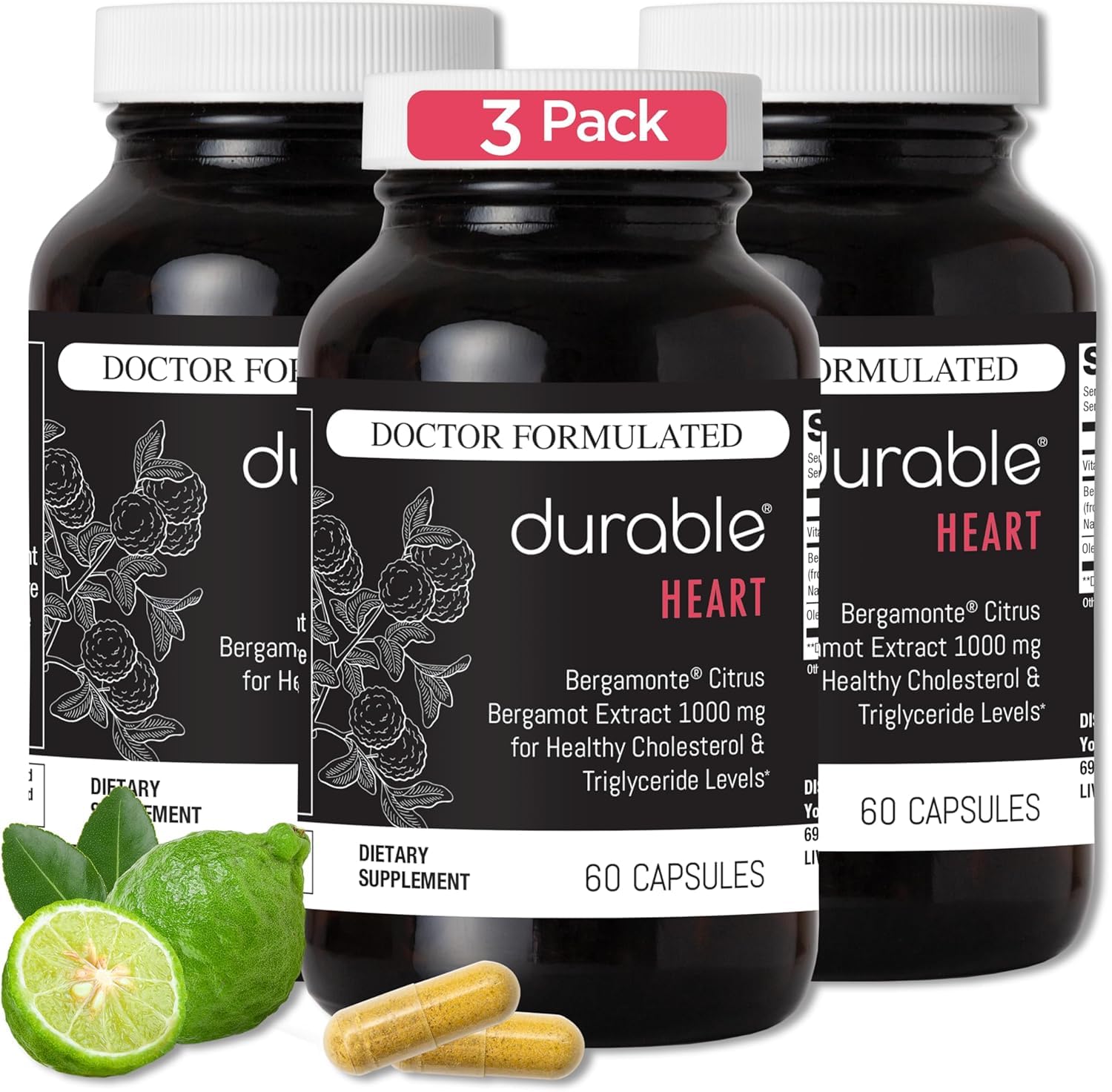 Durable Heart: Bergamonte Citrus Bergamot 1000 mg + Olive Leaf + Vitamin C — Doctor-Formulated, Vegan, Made in USA (180 Capsules)