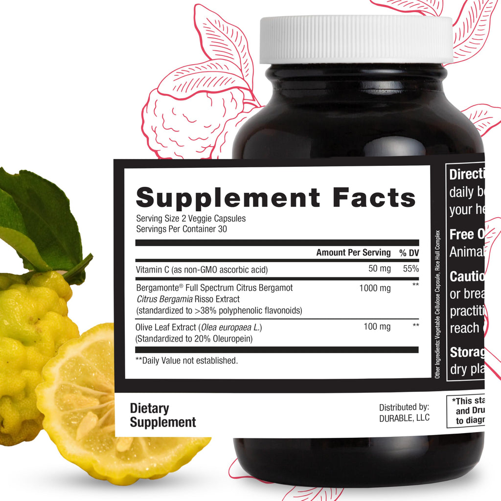 Durable Heart: Bergamonte Citrus Bergamot 1000 mg + Olive Leaf + Vitamin C — Doctor-Formulated, Vegan, Made in USA (180 Capsules)
