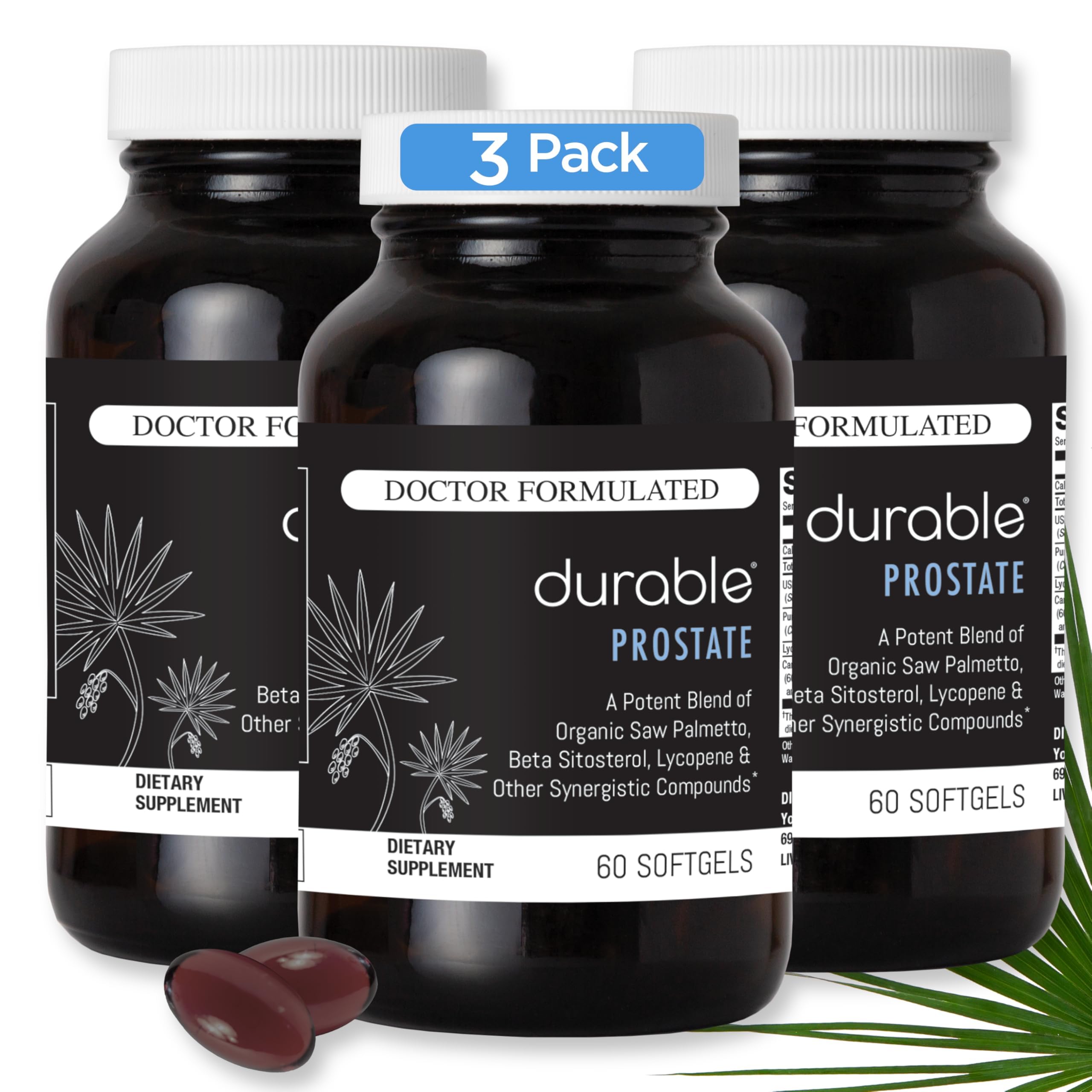 Durable Prostate – Organic USPlus Saw Palmetto + Beta-Sitosterol | Doctor-Formulated, Made in USA (180 Softgels)