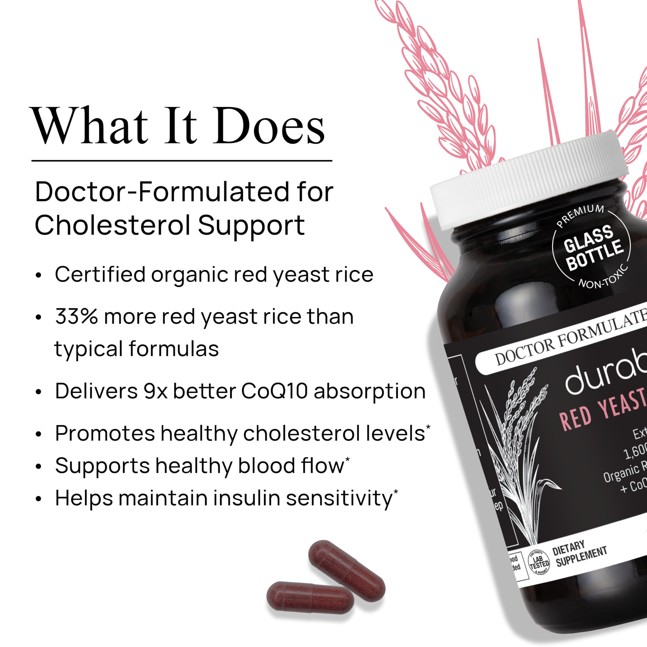 Durable RED Yeast Rice – Organic 1,600 mg + CoQ10 Phytosome | Doctor Formulated, Non-GMO, Vegan, Made in USA