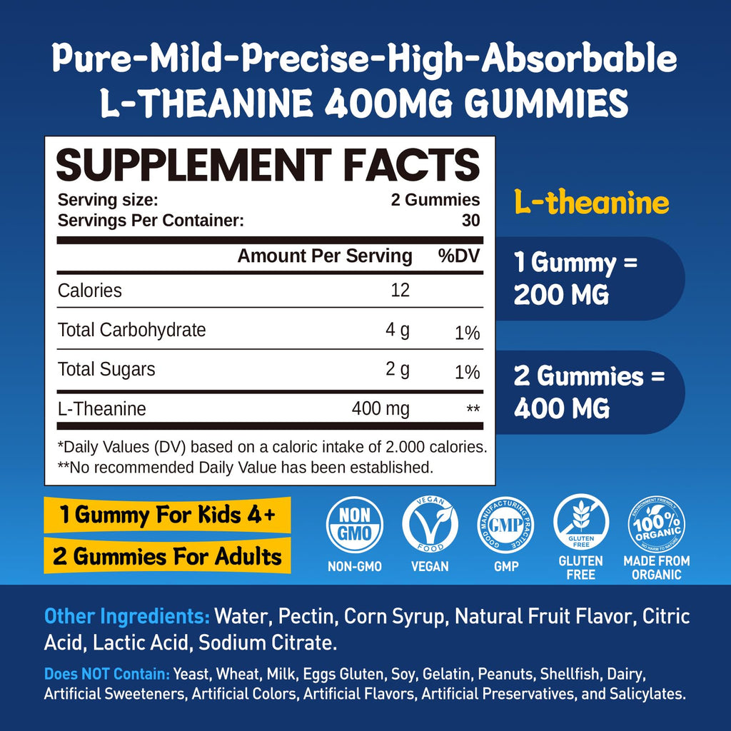 duwhot L-Theanine Gummies 400mg – Stress Relief, Focus, Lemon Flavor, 60 Chewables