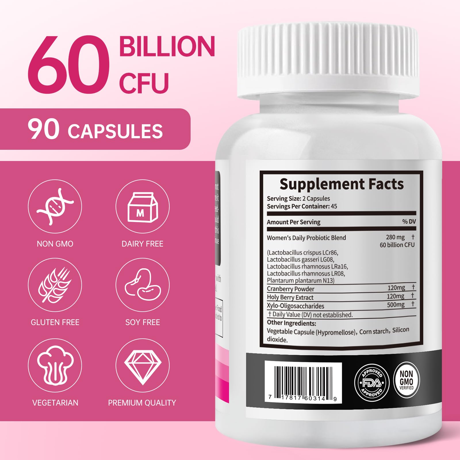 DVO Vaginal Probiotics for Women - pH Balance, 60 Billion CFU + Prebiotics & Lactobacillus - Odor & Yeast Balance, Flora Support, Immune Health - 90 Count
