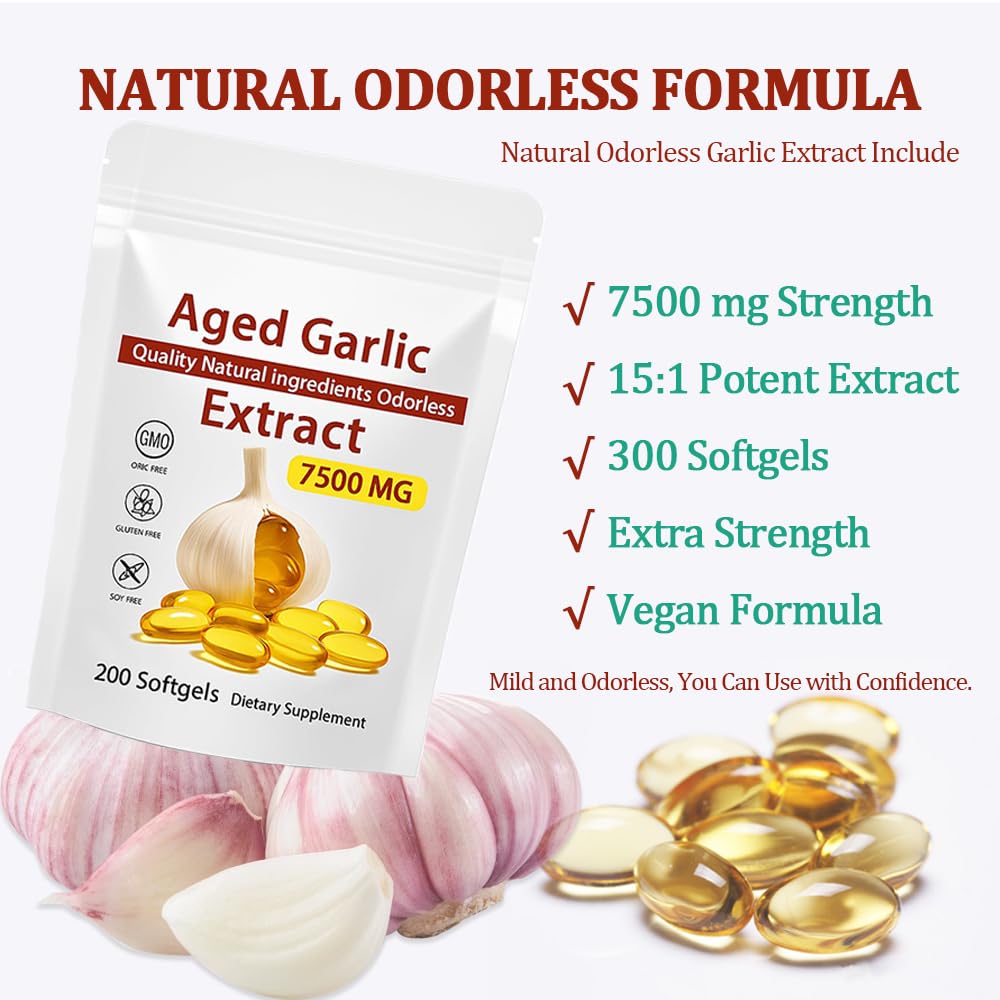 DXHBALK Elare Aged Garlic Extract - Odorless 7500mg Garlic Capsules, 300 Softgels, Non-GMO, Gluten-Free | Immune Support