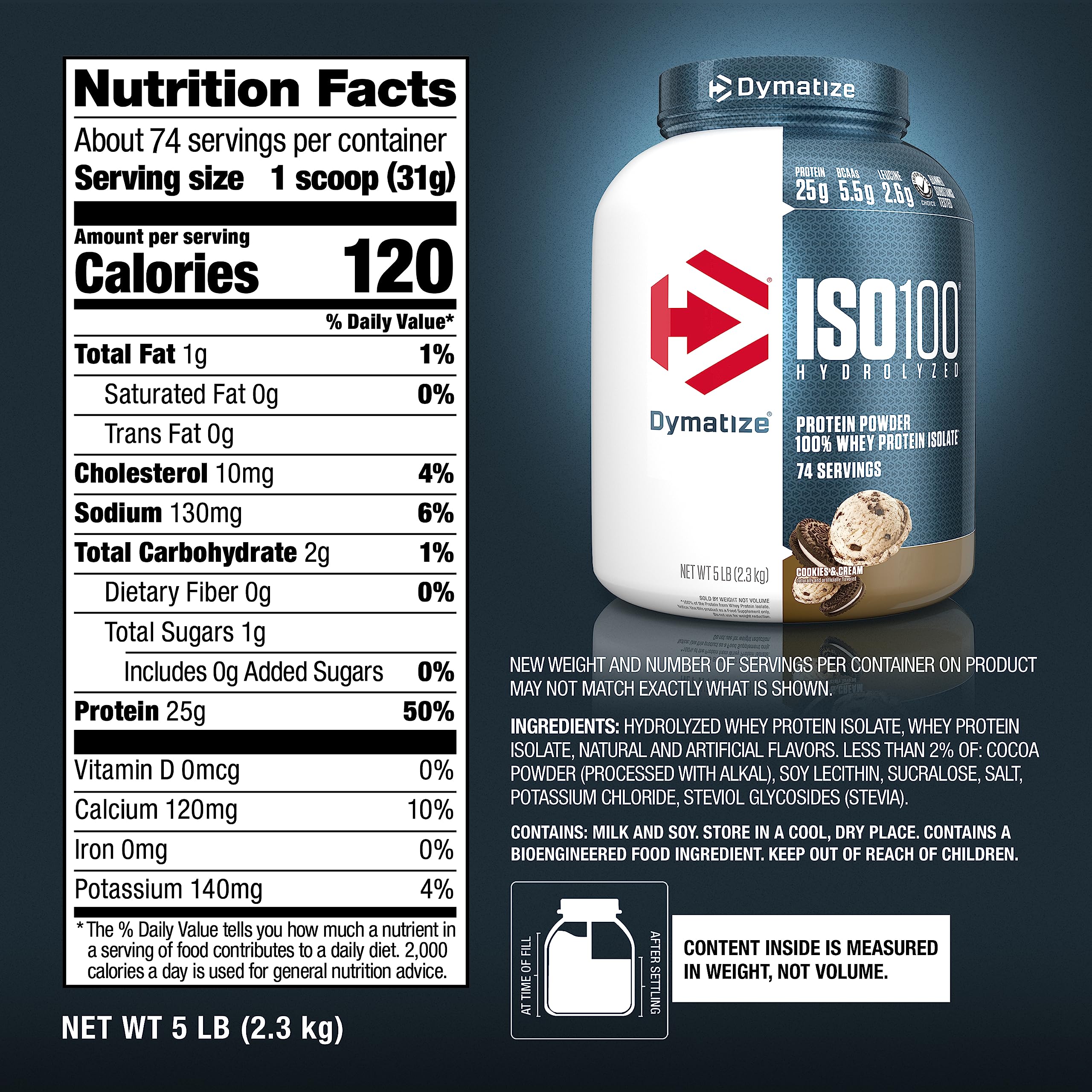 Dymatize ISO100 Whey Protein Isolate – Cookies & Cream, 25g Protein, Under 120 Calories