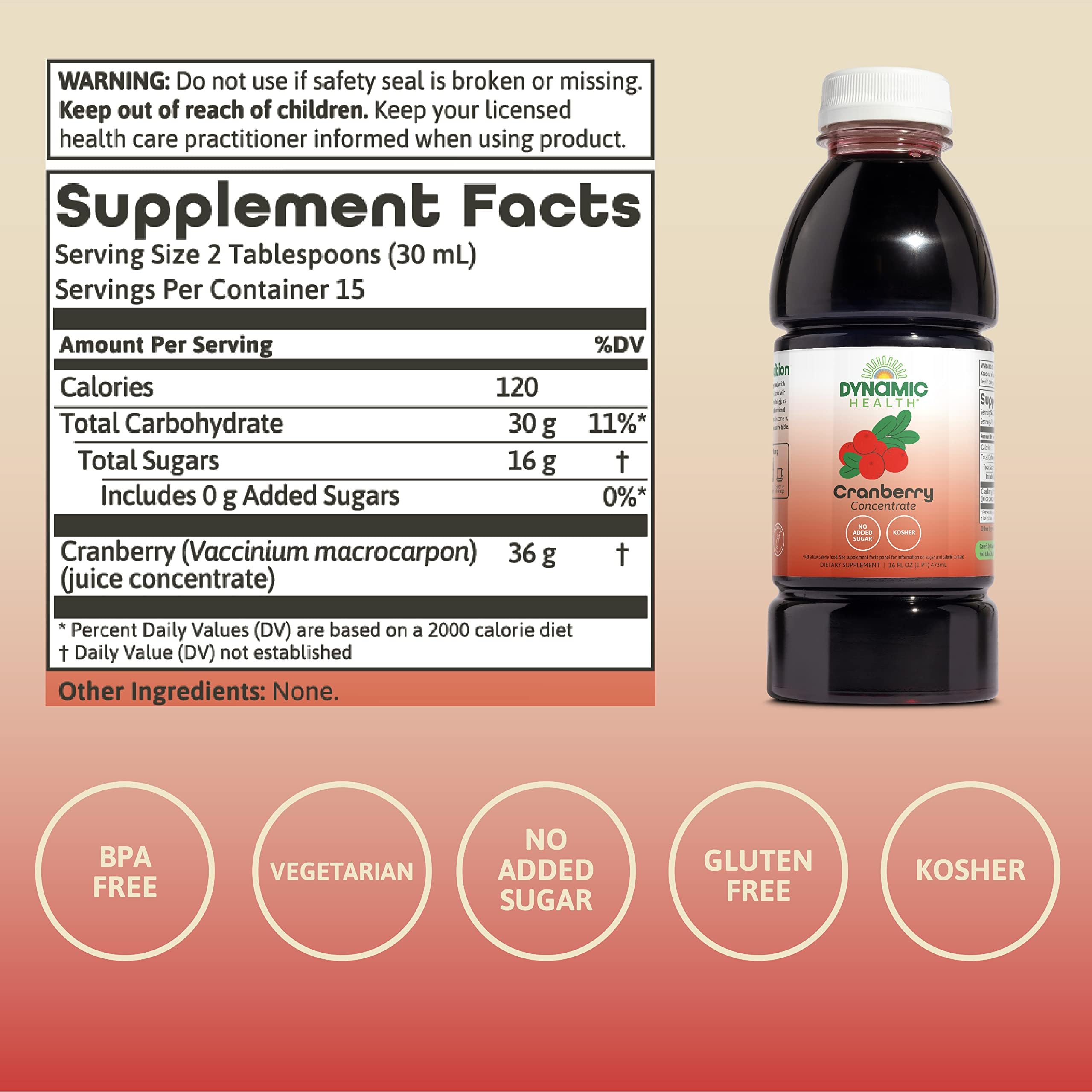 Dynamic Health Cranberry Unsweetened 100% Juice Concentrate – Natural Antioxidant, No Added Sugar, 16 Servings (16 oz)