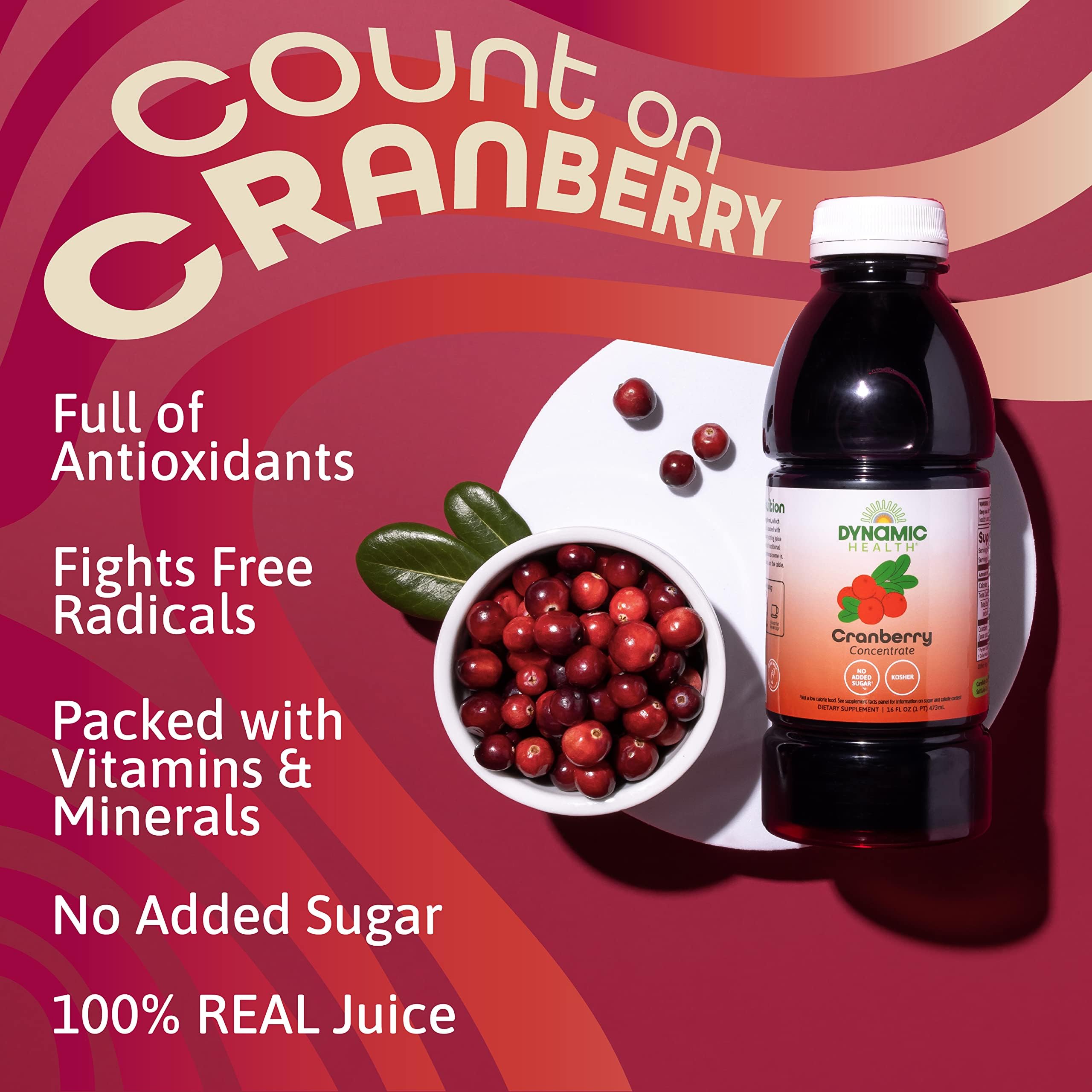 Dynamic Health Cranberry Unsweetened 100% Juice Concentrate – Natural Antioxidant, No Added Sugar, 16 Servings (16 oz)