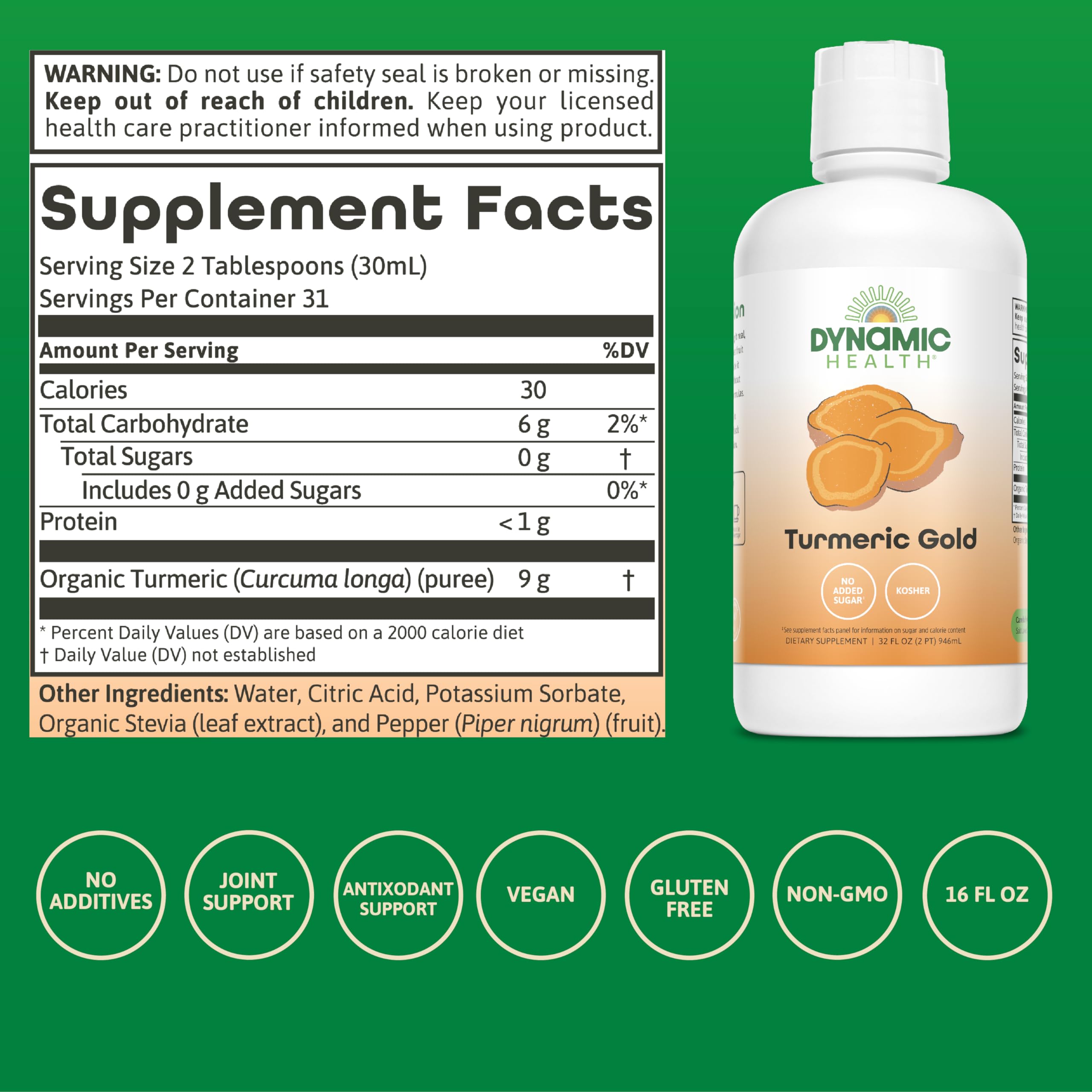 Dynamic Health Turmeric Gold – 100% Juice Turmeric Supplement, 32 Fl Oz