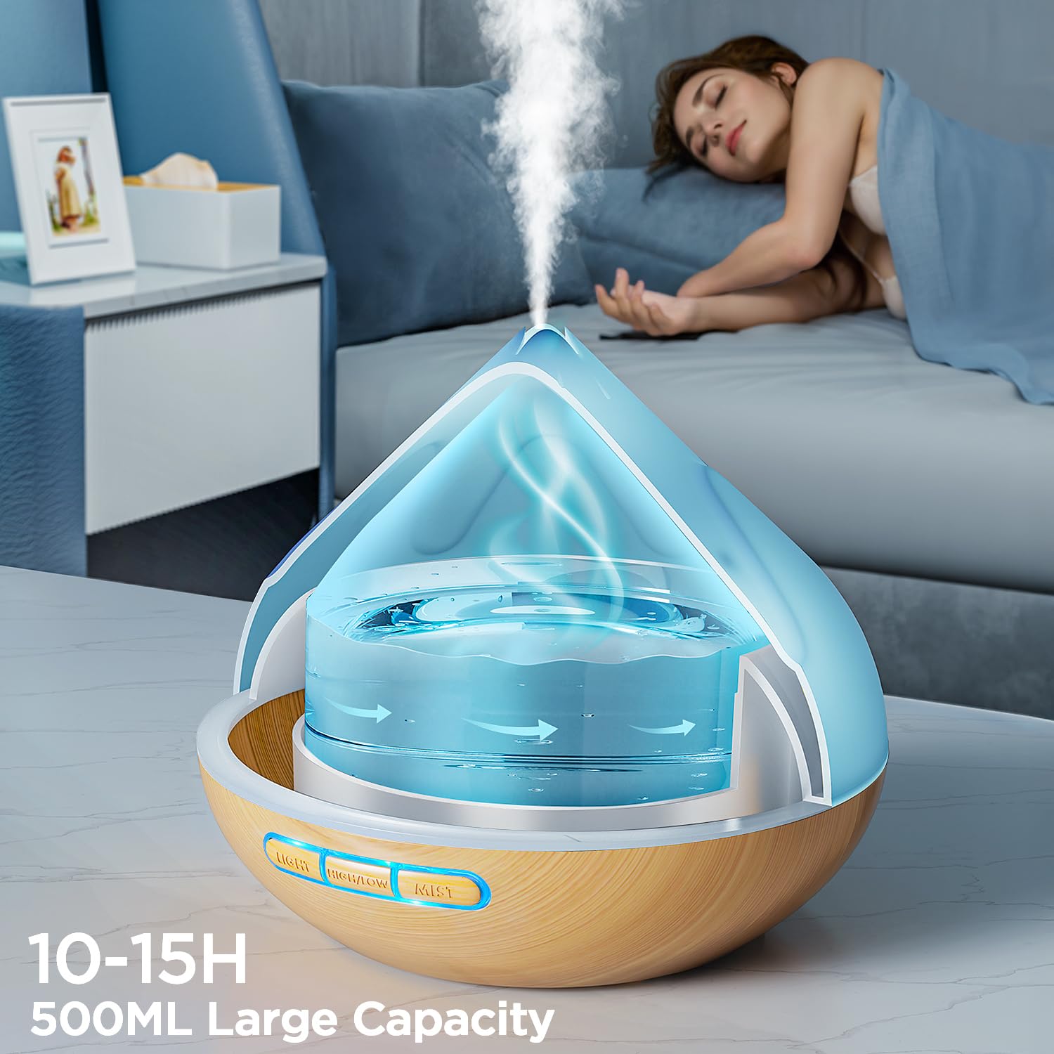 Dynooper 500ML Essential Oil Diffuser – 14-Color LED Night Light, Remote, Quiet Humidifier (Brown)