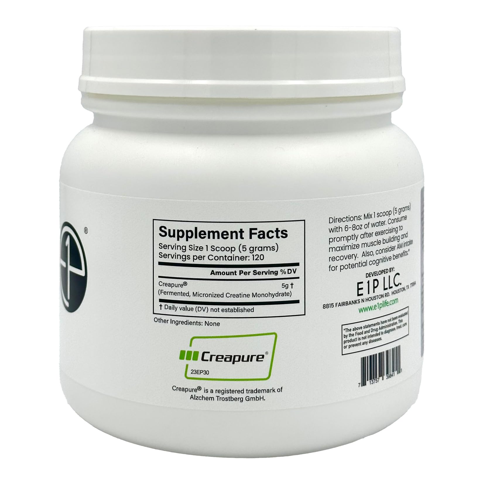 E1P Creapure Creatine Monohydrate 600g | Unflavored, Non-GMO, Vegan