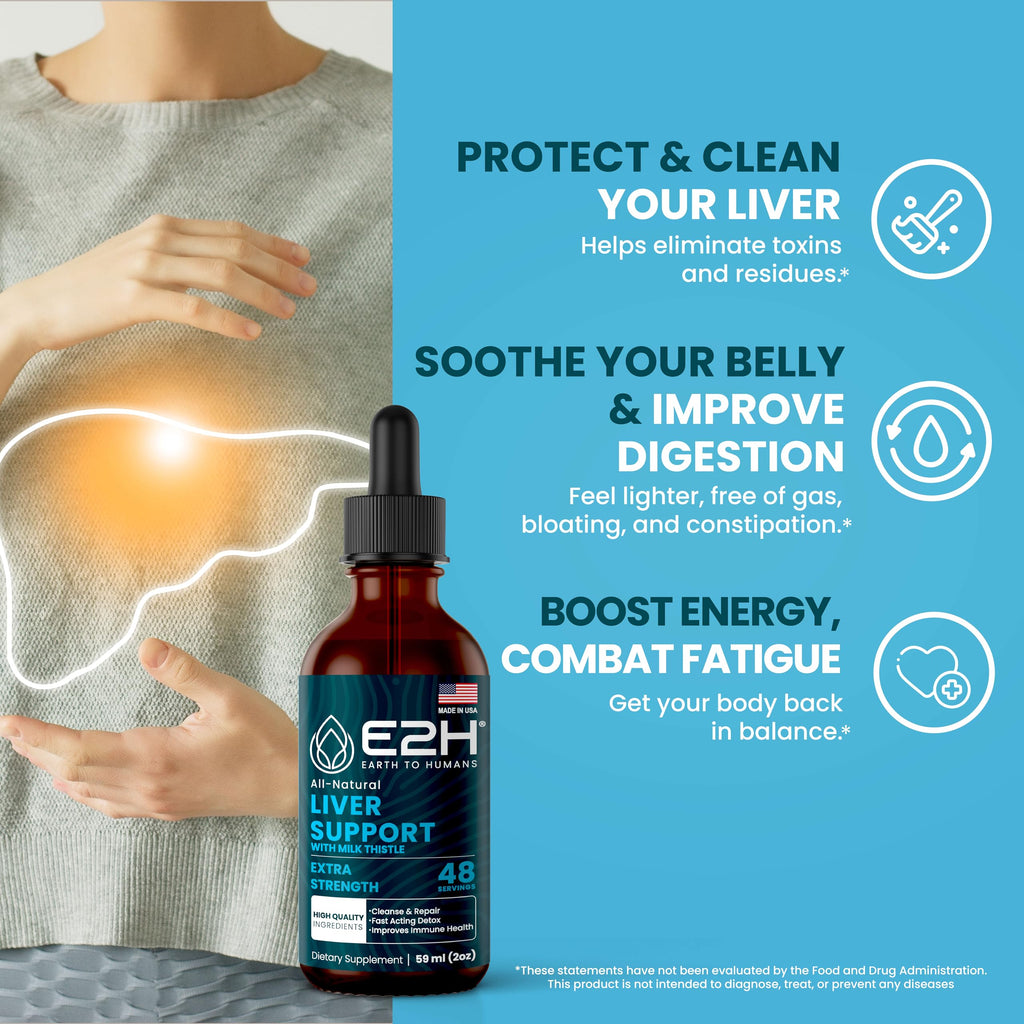 E2H Liver Support Liquid Drops – Milk Thistle Detox with Artichoke & Dandelion | 3 Bottles