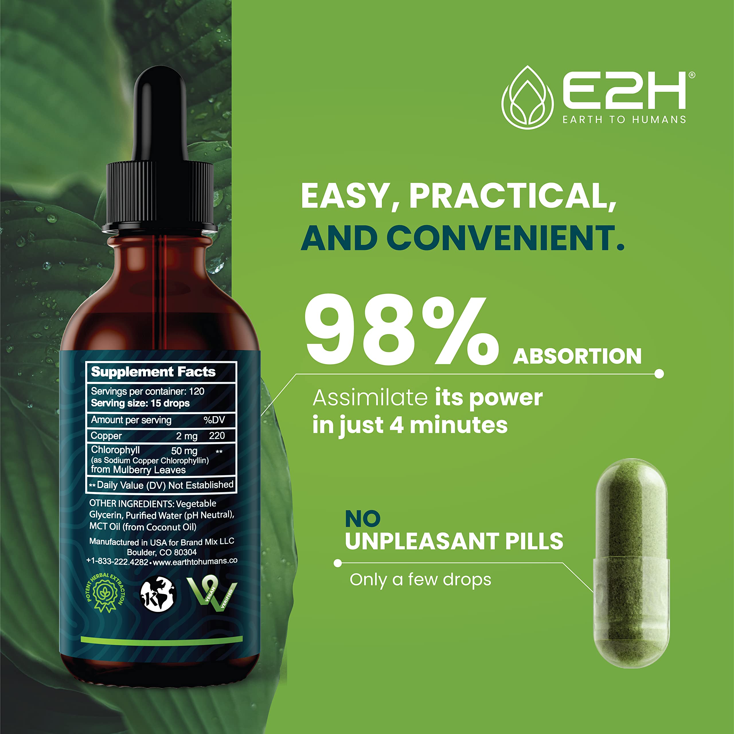E2H Chlorophyll Liquid Drops - All-Natural Energy Booster & Immune Support (2 oz)