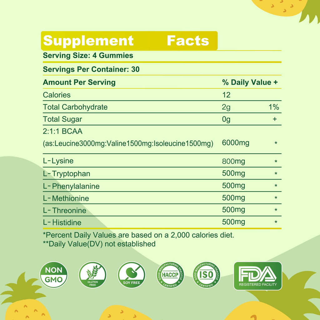 EAA Gummies 120 Pineapple | All 9 Essential Amino Acids + BCAAs - Non-GMO, Gluten Free, Vegetarian
