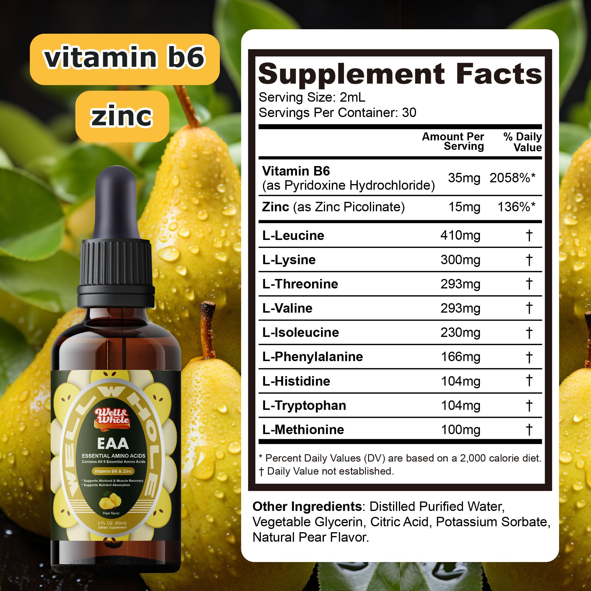 Essential Amino Acid (EAA) Liquid Drops – Liver Support, Vitamin B6 & Zinc, Vegan, 2 oz